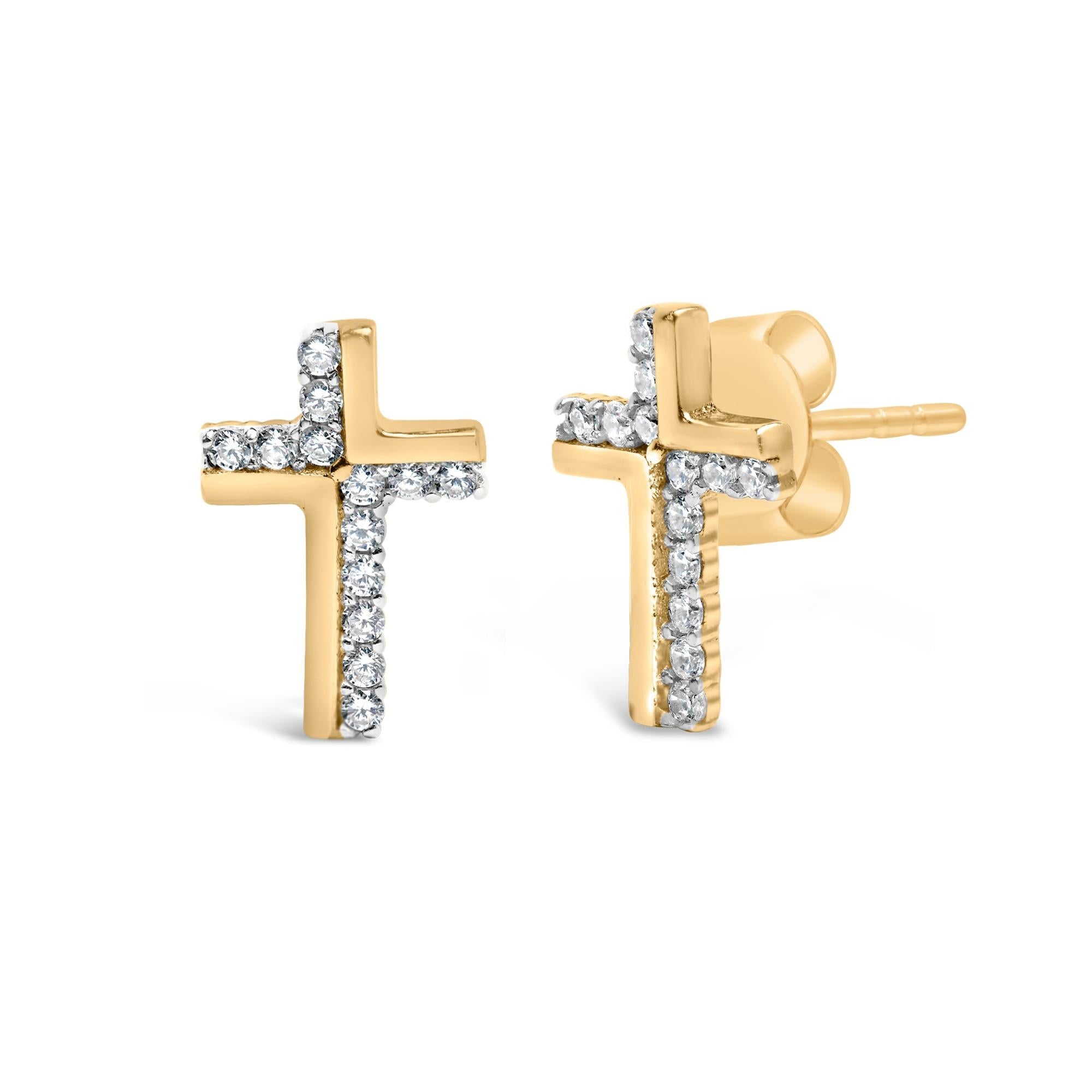 Pendiente de cruz con diamantes de 1/10 quilates en plata de ley 925 bañada en oro amarillo de 14 quilates (color IJ, claridad I3) - Friggin Jewelry