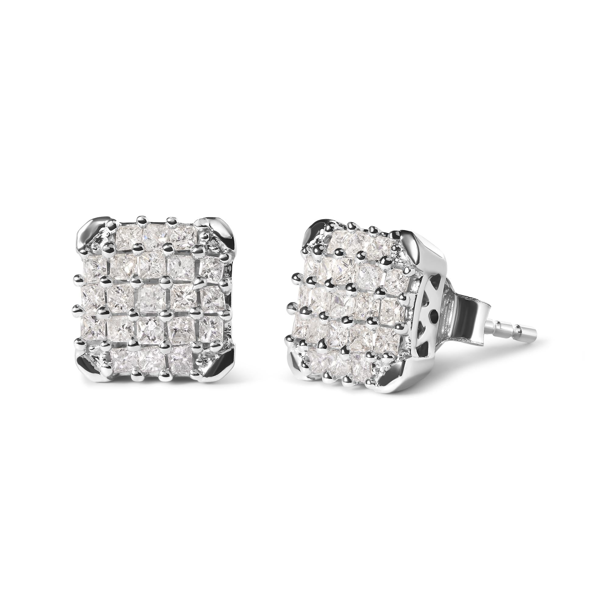 Aretes de oro blanco de 10 quilates con diamantes princesa de 3/4 quilates y montura abierta (color IJ, claridad I1-I2) - Friggin Jewelry
