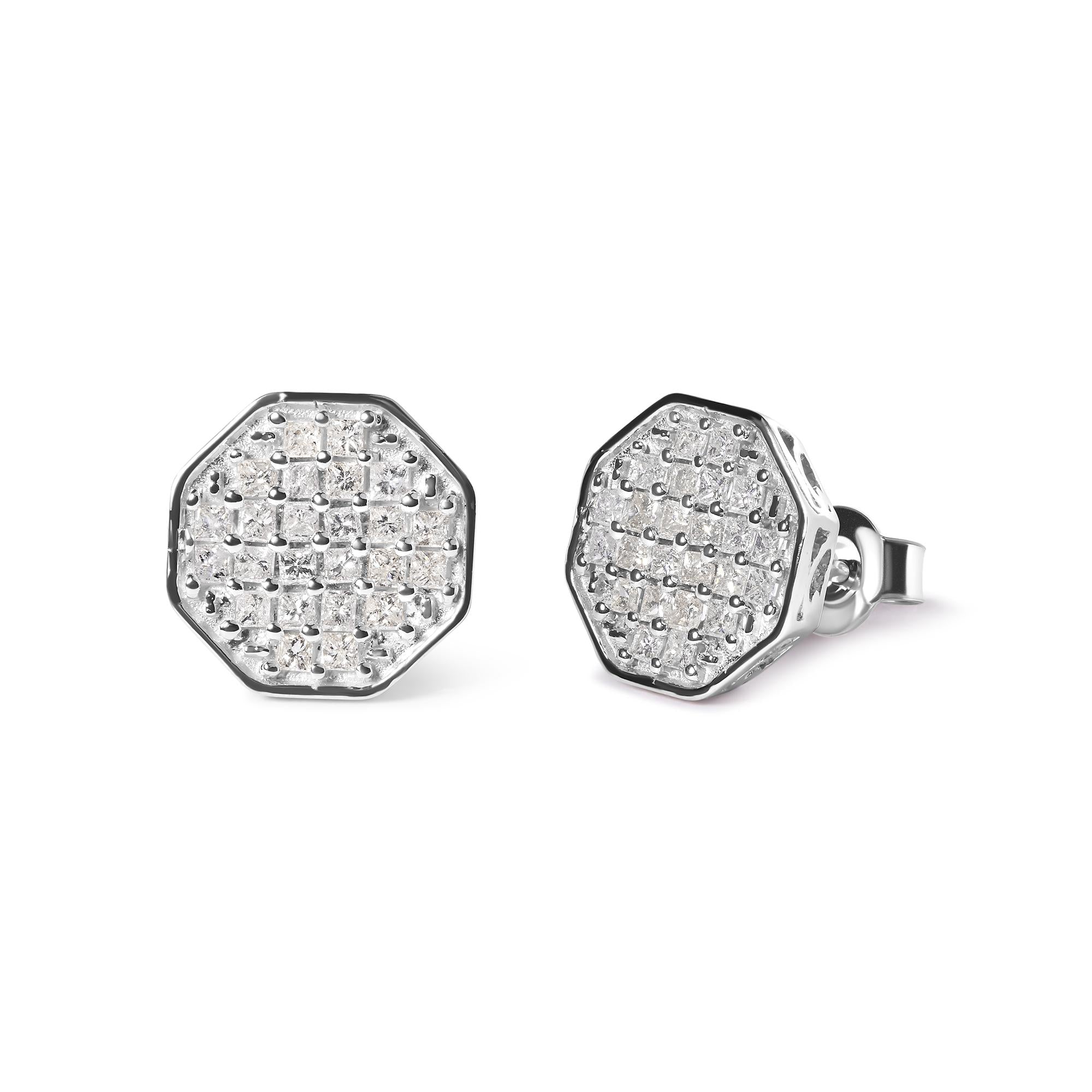 Aretes octagonales de diamantes princesa de 7/8 quilates en oro blanco de 10 quilates (color IJ, claridad I1-I2) - Friggin Jewelry