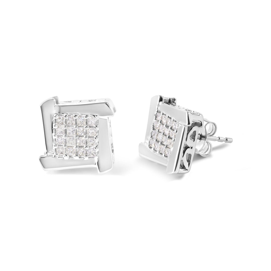 Aretes de oro blanco de 10 quilates con diamantes princesa de 1/2 ct y forma de diamante cuadrado y espiral (color IJ, claridad I1-I2) - Friggin Jewelry