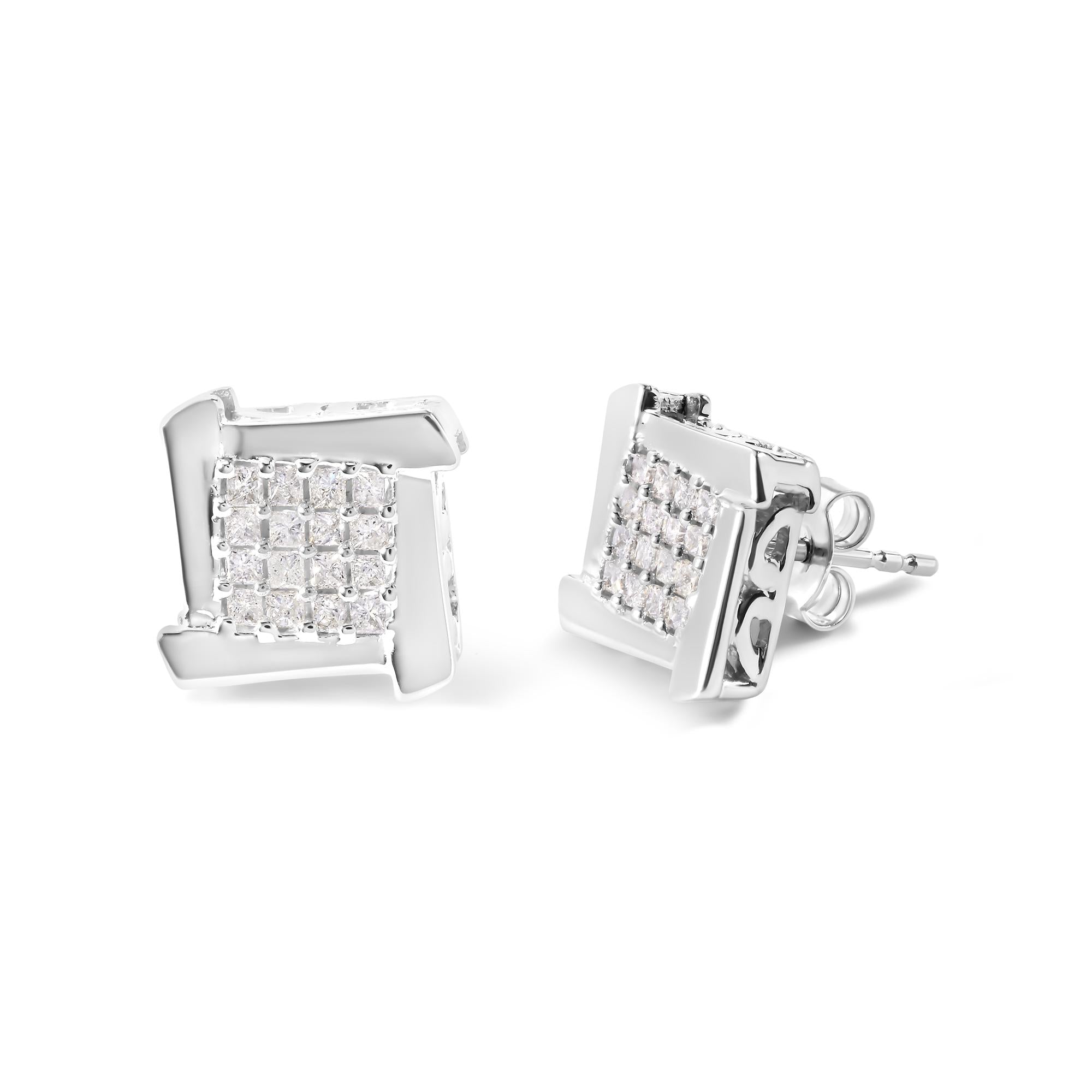 Aretes de oro blanco de 10 quilates con diamantes princesa de 1/2 ct y forma de diamante cuadrado y espiral (color IJ, claridad I1-I2) - Friggin Jewelry