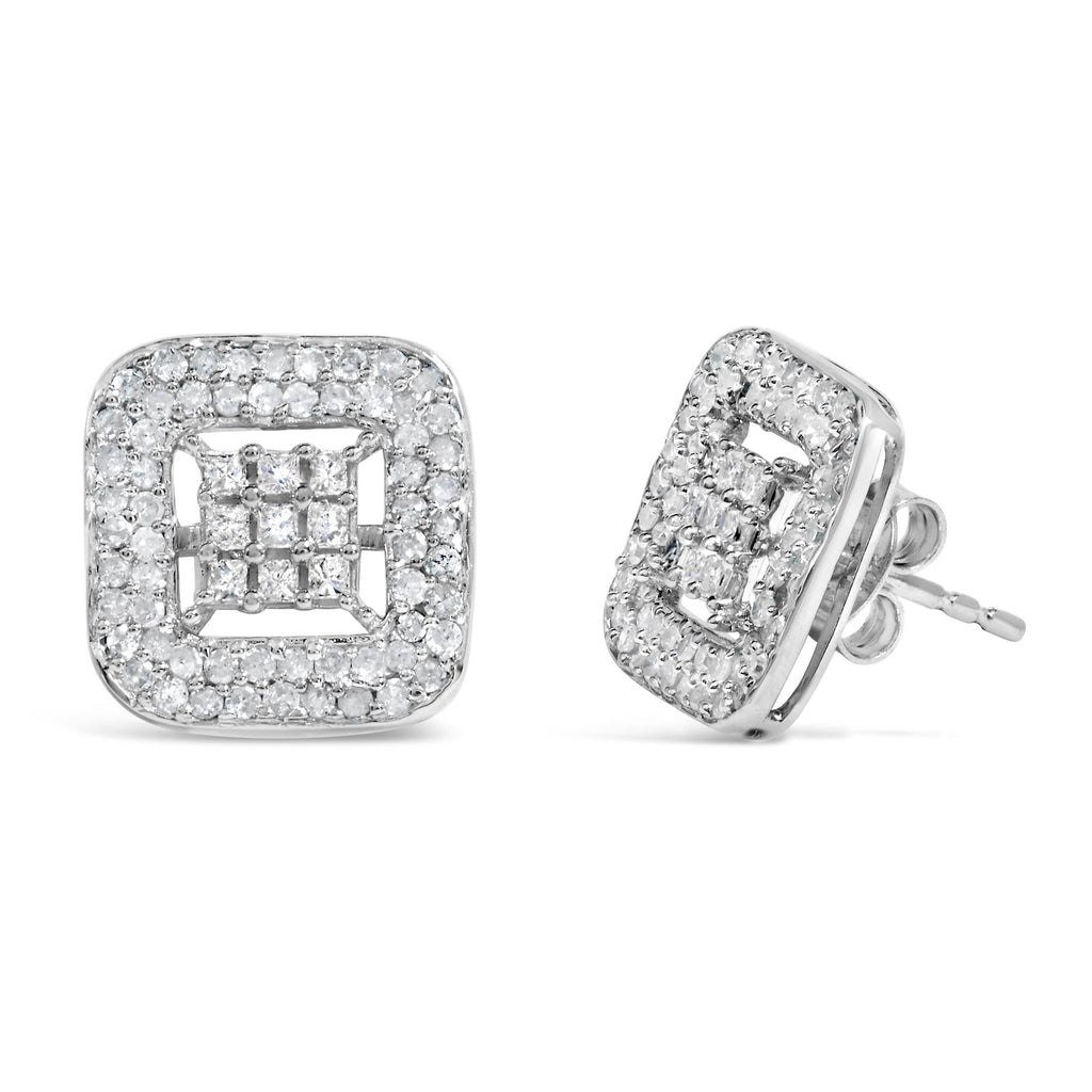 Orecchini a bottone in oro bianco 10 carati con diamanti compositi e alone da 1,00 ct (colore IJ, purezza I1-I2) - Friggin Jewelry