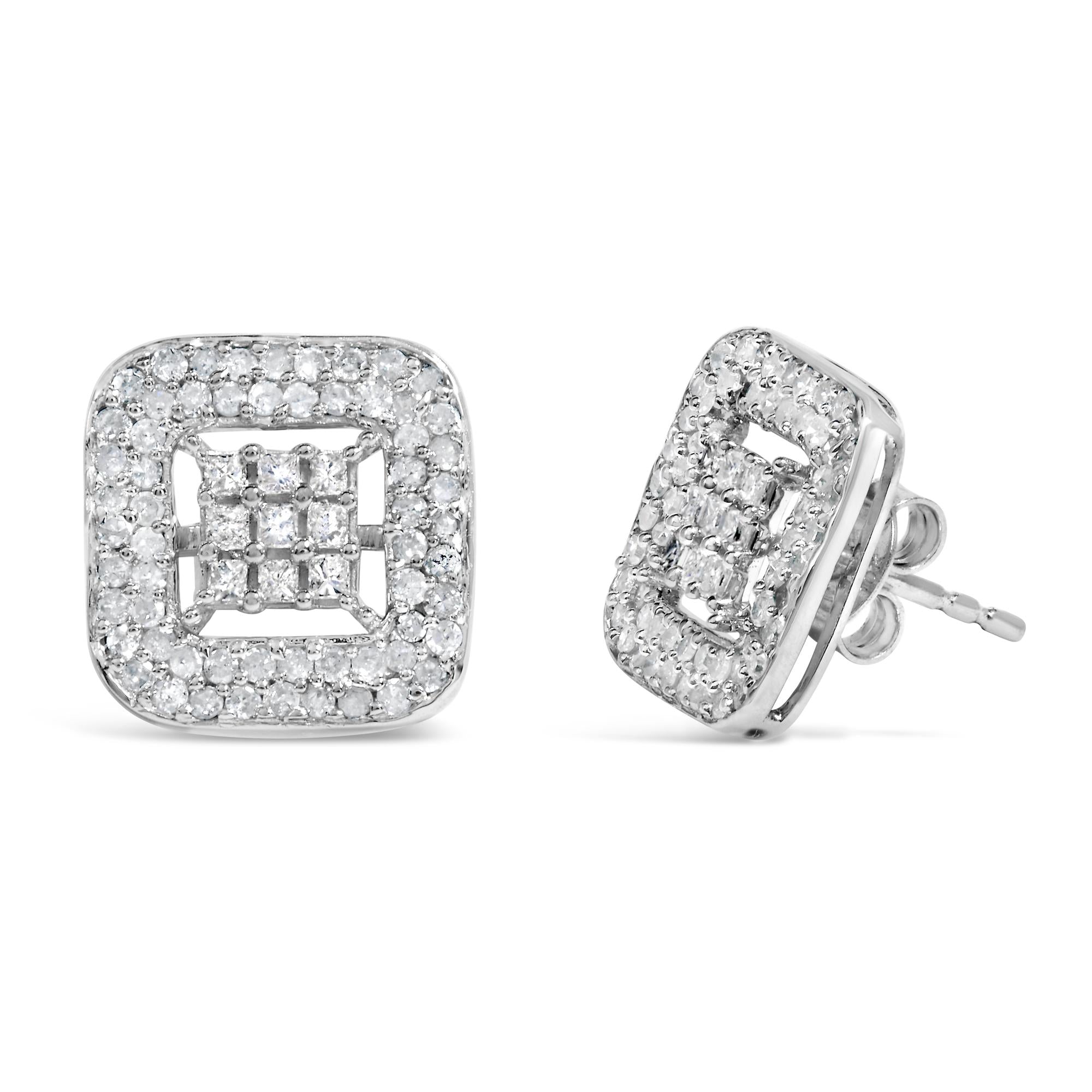 Orecchini a bottone in oro bianco 10 carati con diamanti compositi e alone da 1,00 ct (colore IJ, purezza I1-I2) - Friggin Jewelry