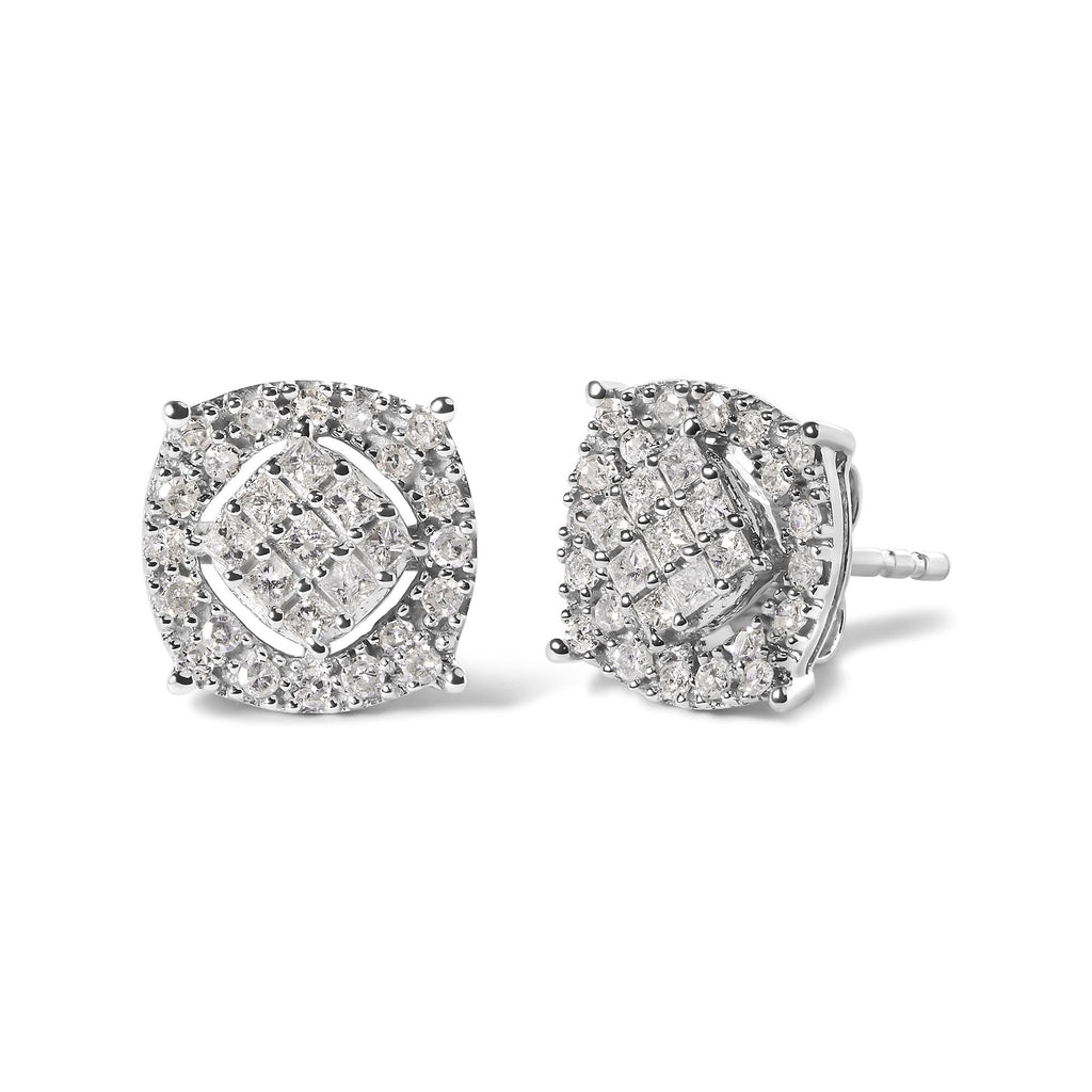 Aretes de oro blanco de 10 quilates con diamantes de 1/2 quilates en forma de cojín (color IJ, claridad I1-I2) - Friggin Jewelry