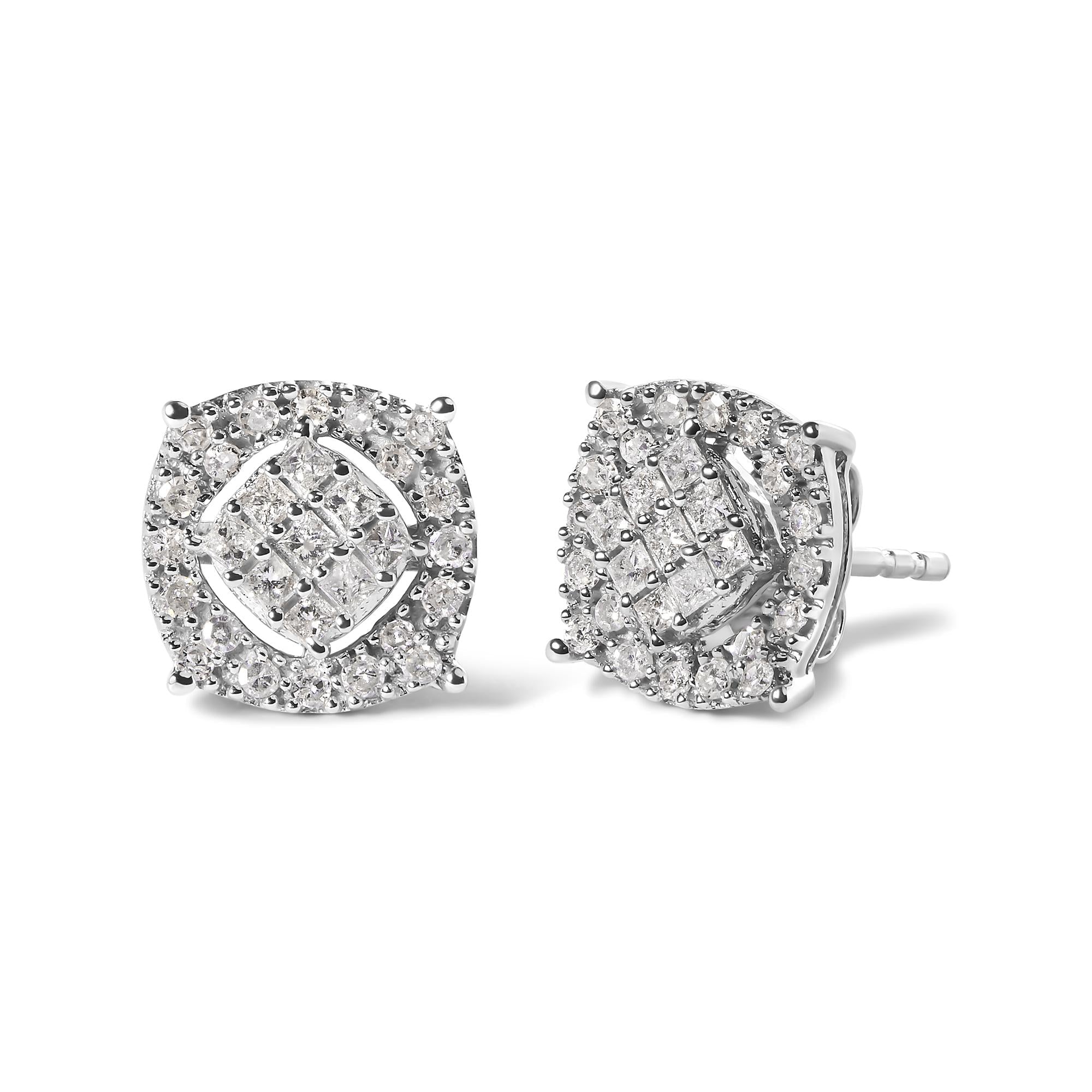 Aretes de oro blanco de 10 quilates con diamantes de 1/2 quilates en forma de cojín (color IJ, claridad I1-I2) - Friggin Jewelry