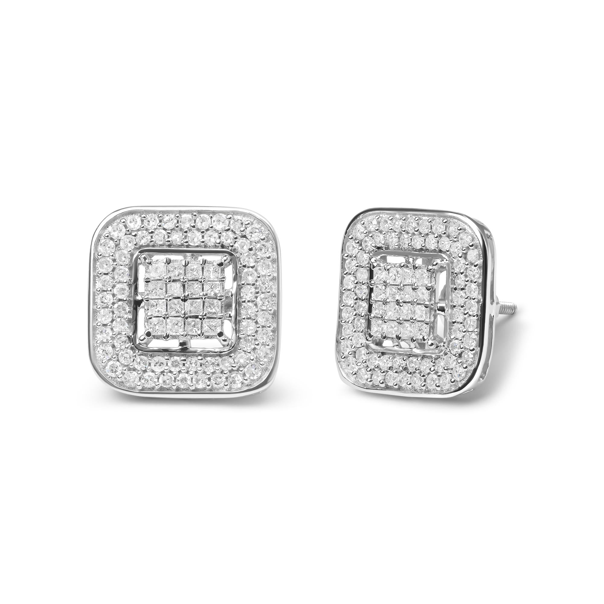 Aretes de oro blanco de 10 quilates con halo abierto compuesto de diamantes de talla princesa y redonda de 1,0 quilates (color HI, claridad SI1-SI2) - Friggin Jewelry