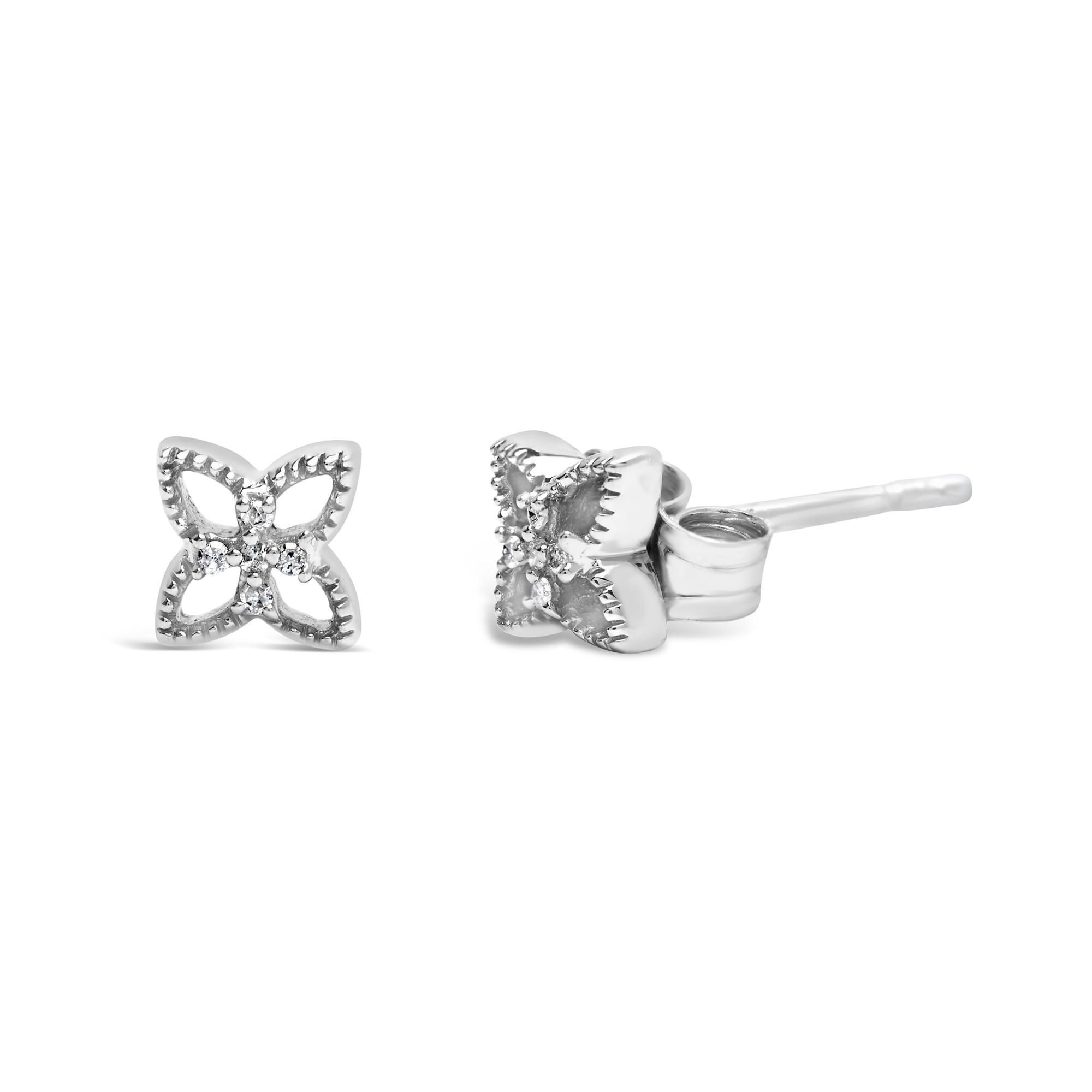 925 Sterling Silver Diamond Accent 4 Petal Flower Stud Earring (H-I Color, I1-I2 Clarity) - Friggin Jewelry