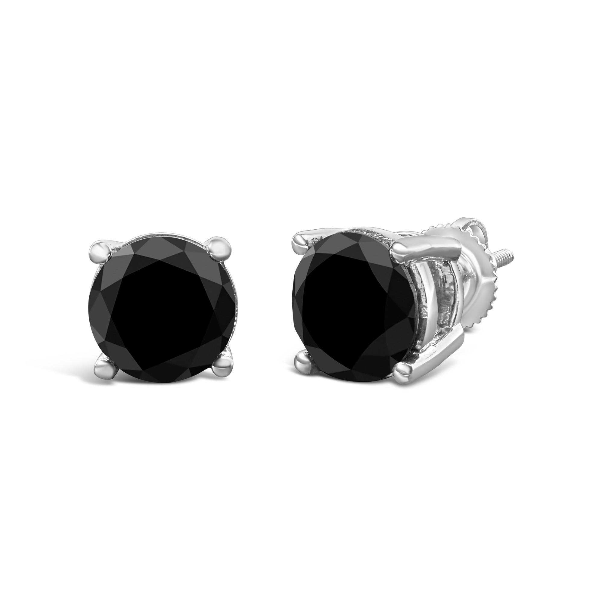 Aretes clásicos de oro blanco de 14 quilates con diamantes negros de talla brillante redondos de 4 puntas y cierre de rosca (color fantasía realzado, claridad I2-I3) - Friggin Jewelry