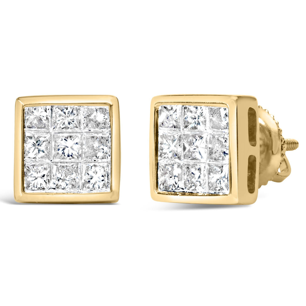 Aretes de oro amarillo de 14 quilates con diamantes de talla princesa de 1,0 ct y cierre de rosca (color JK, claridad SI1-SI2) - Friggin Jewelry