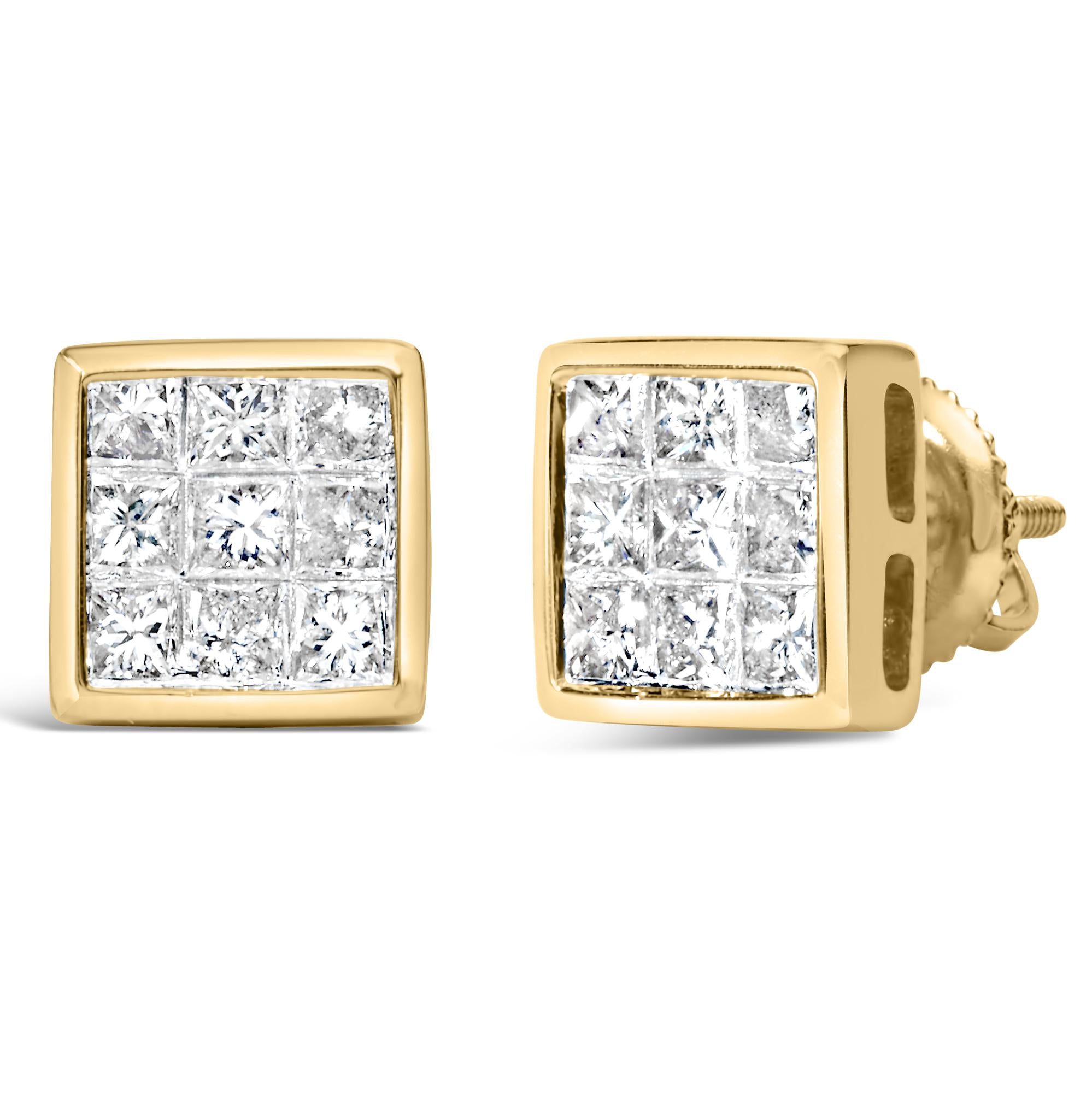 Aretes de oro amarillo de 14 quilates con diamantes de talla princesa de 1,0 ct y cierre de rosca (color JK, claridad SI1-SI2) - Friggin Jewelry