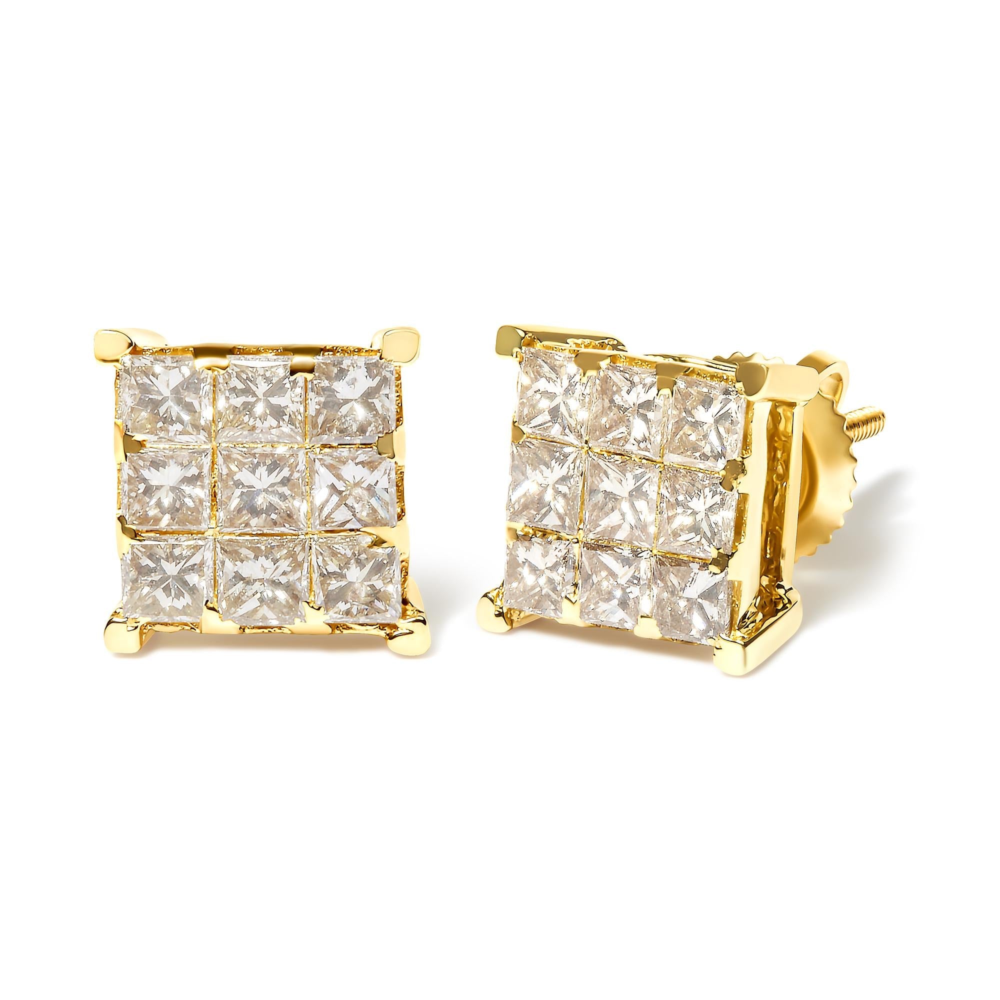 Aretes de oro amarillo de 14 quilates con diamantes de talla princesa de 1 1/2 ct y 9 piedras cuadradas engastadas invisibles (color JK, claridad SI2-I1) - Friggin Jewelry
