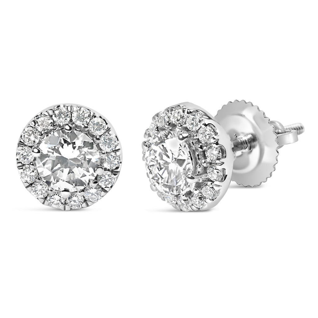 Aretes de oro blanco de 14 quilates con halo de diamantes redondos cultivados en laboratorio (color FG, claridad VS2-SI1) - Friggin Jewelry