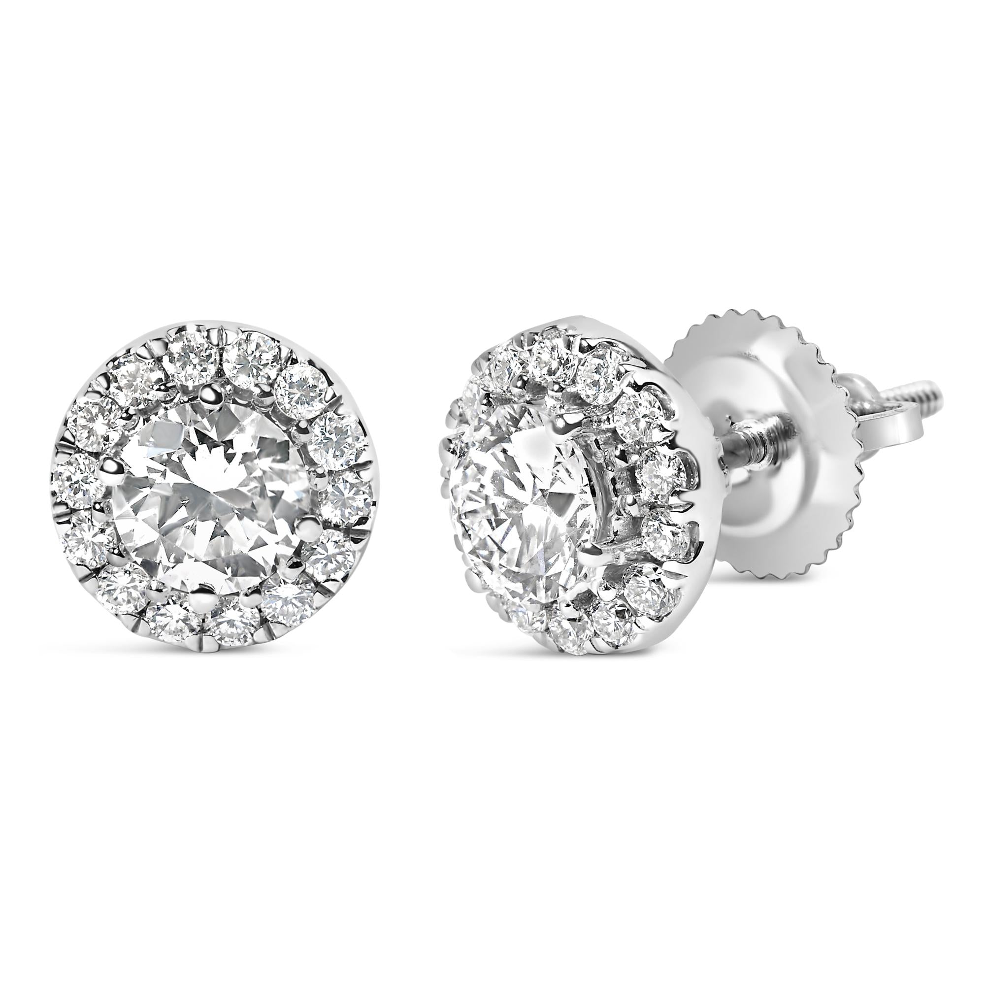 Aretes de oro blanco de 14 quilates con halo de diamantes redondos cultivados en laboratorio (color FG, claridad VS2-SI1) - Friggin Jewelry
