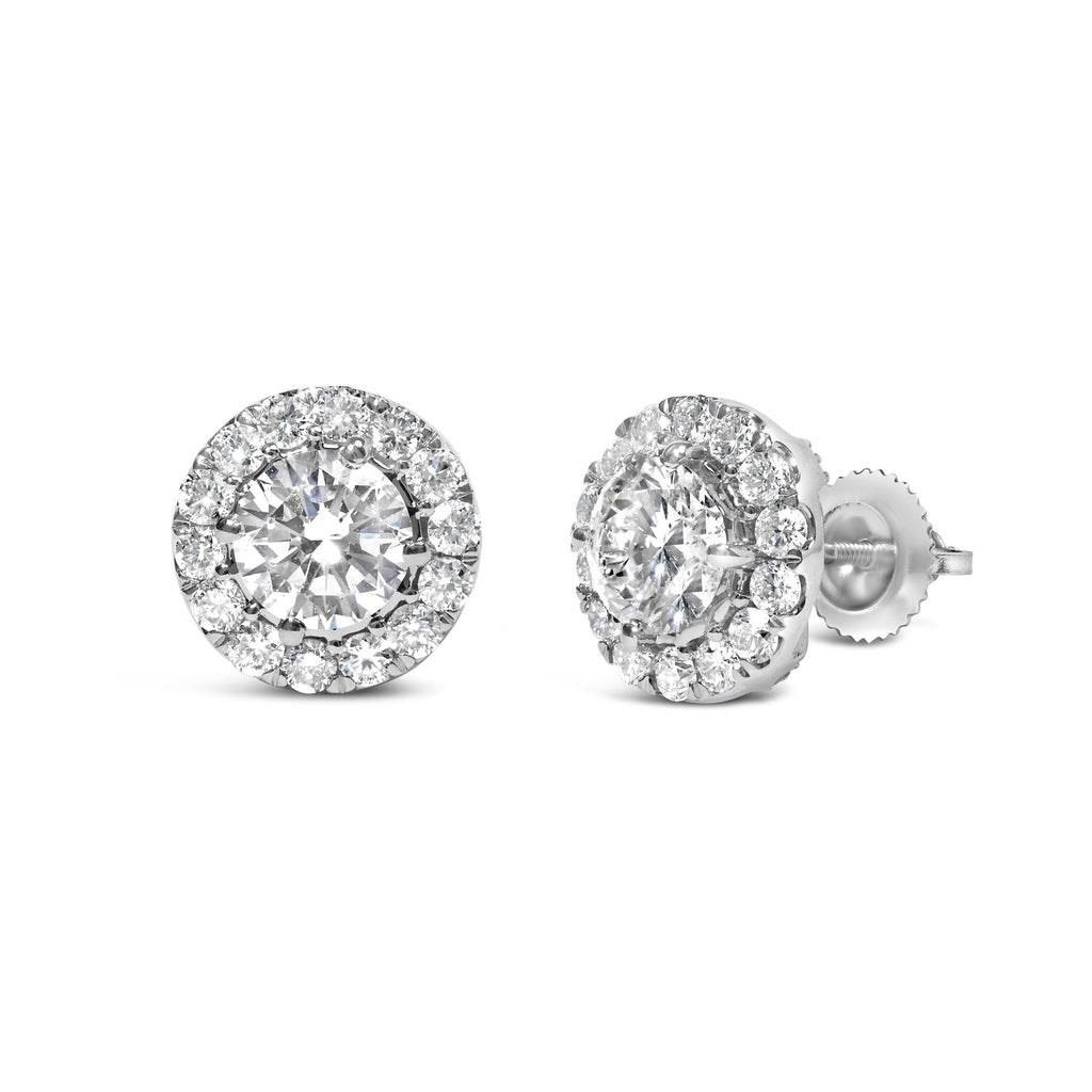 Aretes de oro blanco de 14 quilates con halo de diamantes redondos cultivados en laboratorio (color FG, claridad VS2-SI1) - Friggin Jewelry