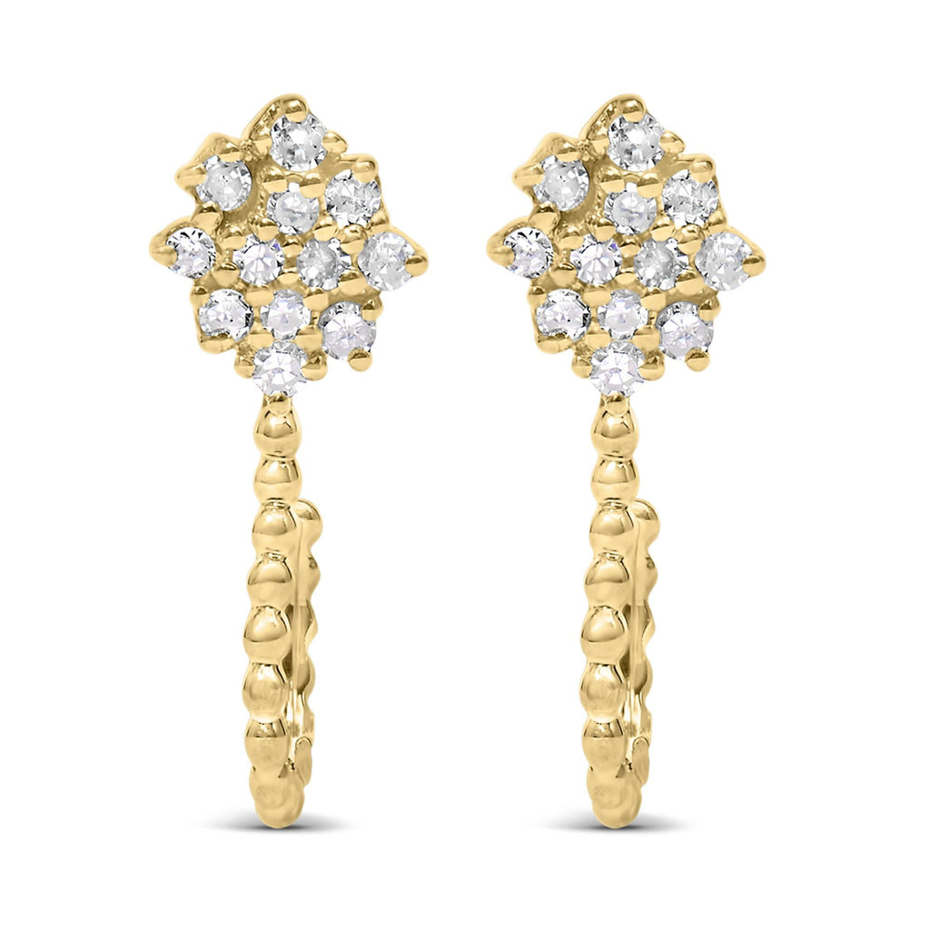 14K Yellow Gold Plated .925 Sterling Silver 1/10 Cttw Diamond Floral Cluster and Beaded Hoop Stud Earrings (H-I Color, I1-I2 Clarity) - Friggin Jewelry