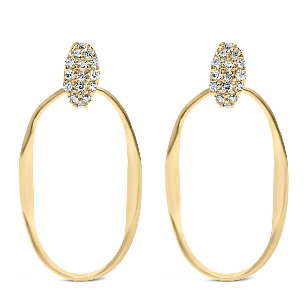 Aros colgantes ovalados abiertos con textura de diamante de 1/10 quilates en plata de ley chapada en oro amarillo de 14 quilates (color HI, claridad I1-I2) - Friggin Jewelry