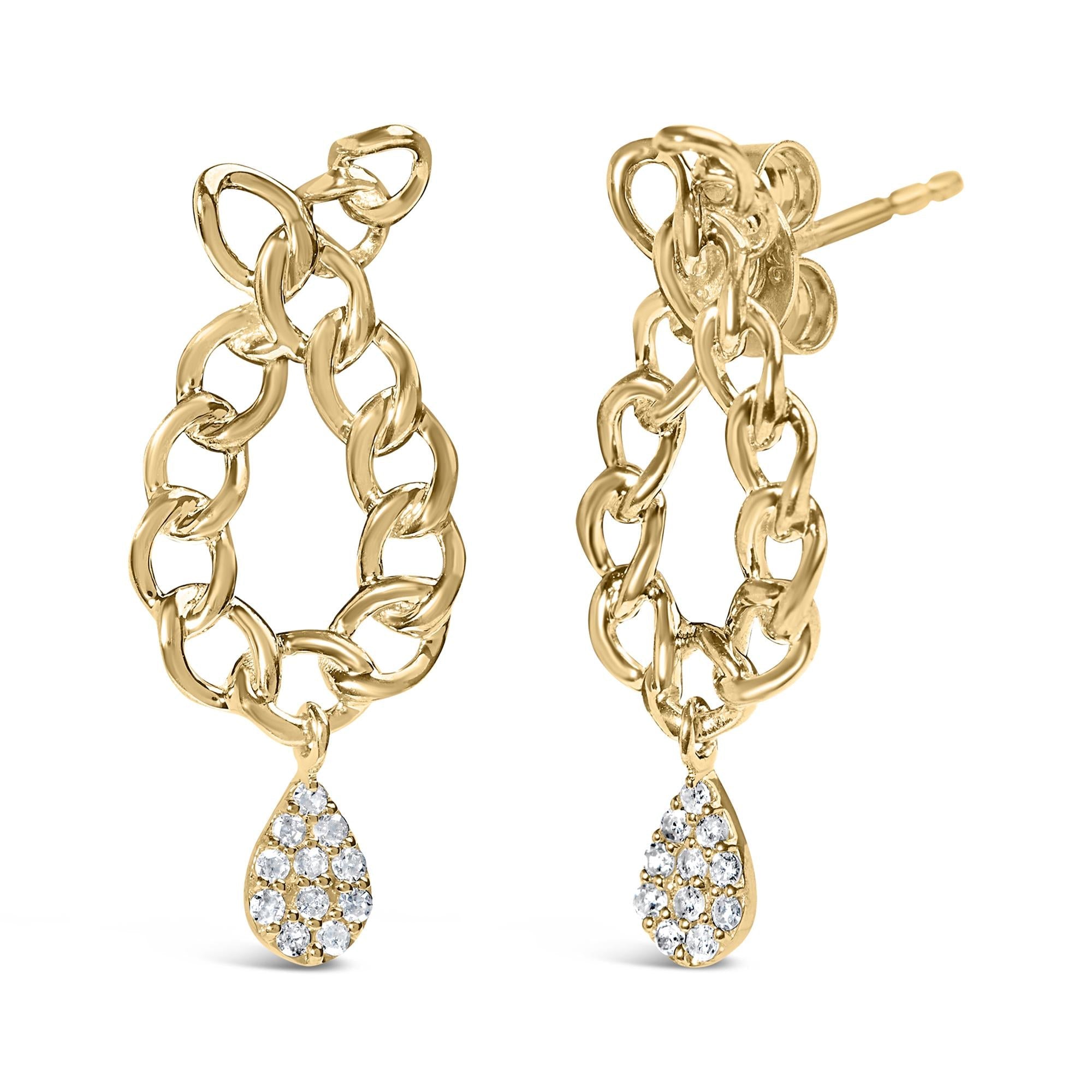 Pendientes colgantes de cadena con eslabones de diamantes de 1/10 quilates en plata de ley 925 bañada en oro amarillo de 14 quilates (color HI, claridad I1-I2) - Friggin Jewelry