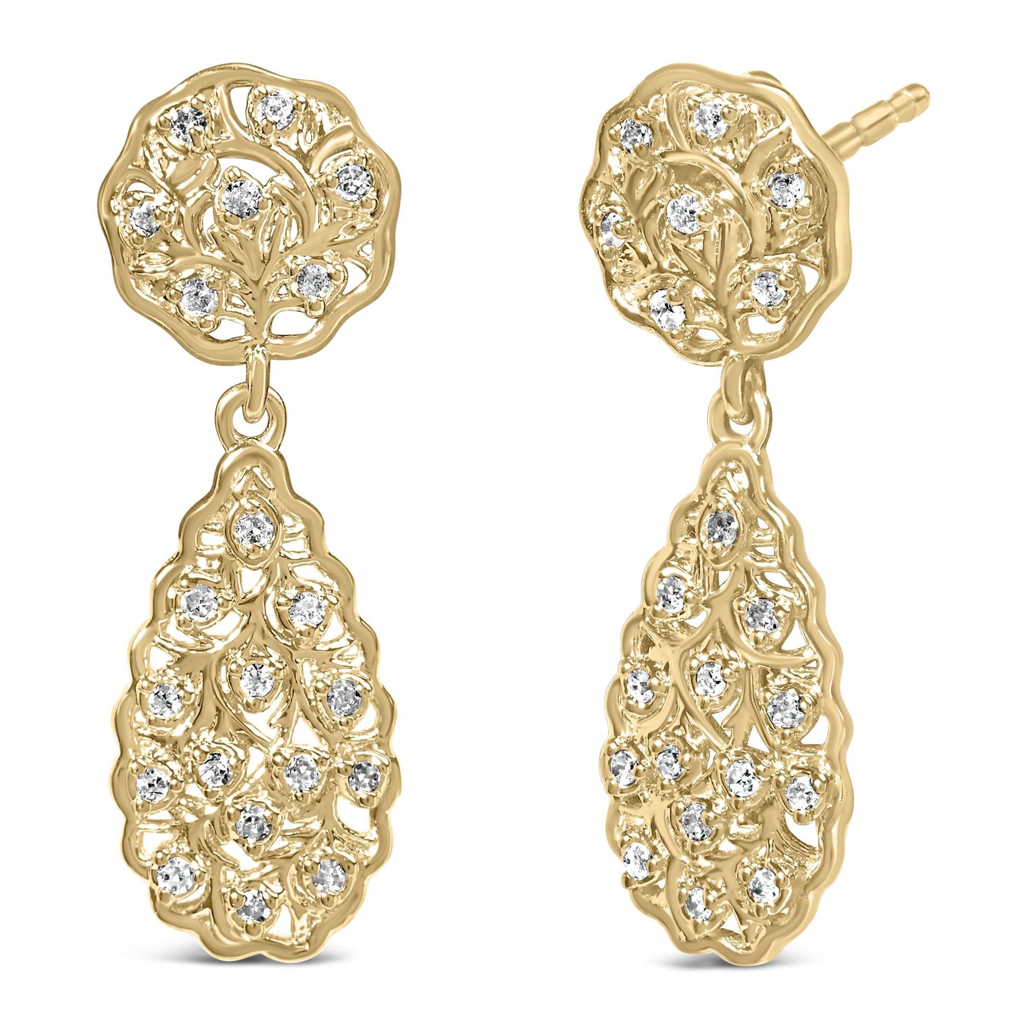 Pendientes de filigrana con forma de lágrima de diamantes de 1/5 ct en plata de ley chapada en oro amarillo de 14 quilates (color HI, claridad I1-I2) - Friggin Jewelry