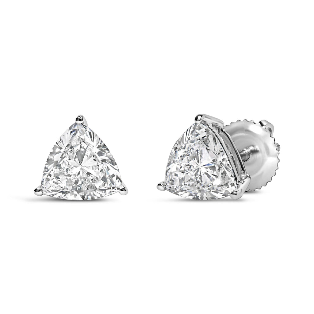 Aretes solitarios clásicos de oro blanco de 14 quilates con diamantes cultivados en laboratorio de talla trillón de 3 puntas (color FG, claridad VS1-VS2) - Friggin Jewelry