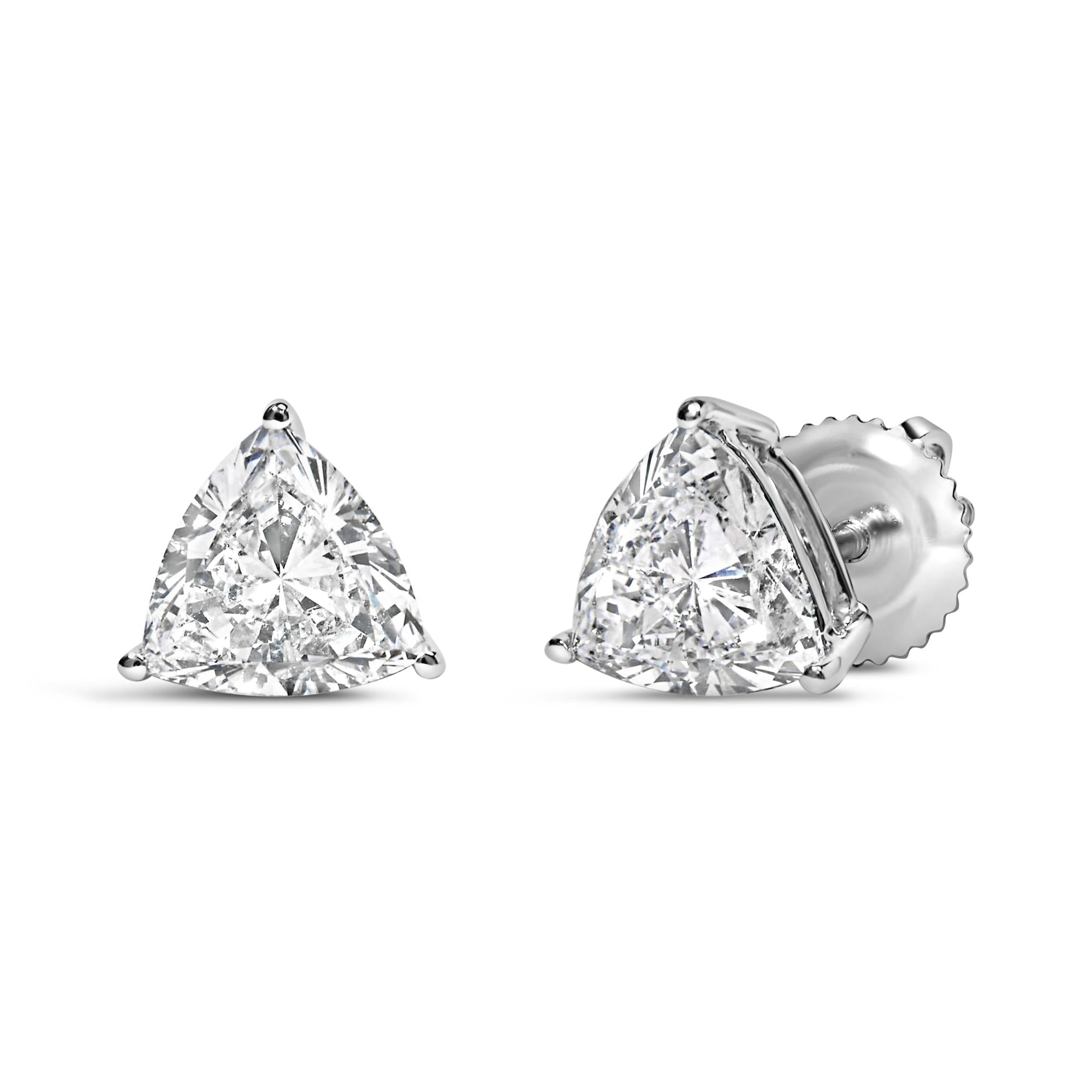 Aretes solitarios clásicos de oro blanco de 14 quilates con diamantes cultivados en laboratorio de talla trillón de 3 puntas (color FG, claridad VS1-VS2) - Friggin Jewelry