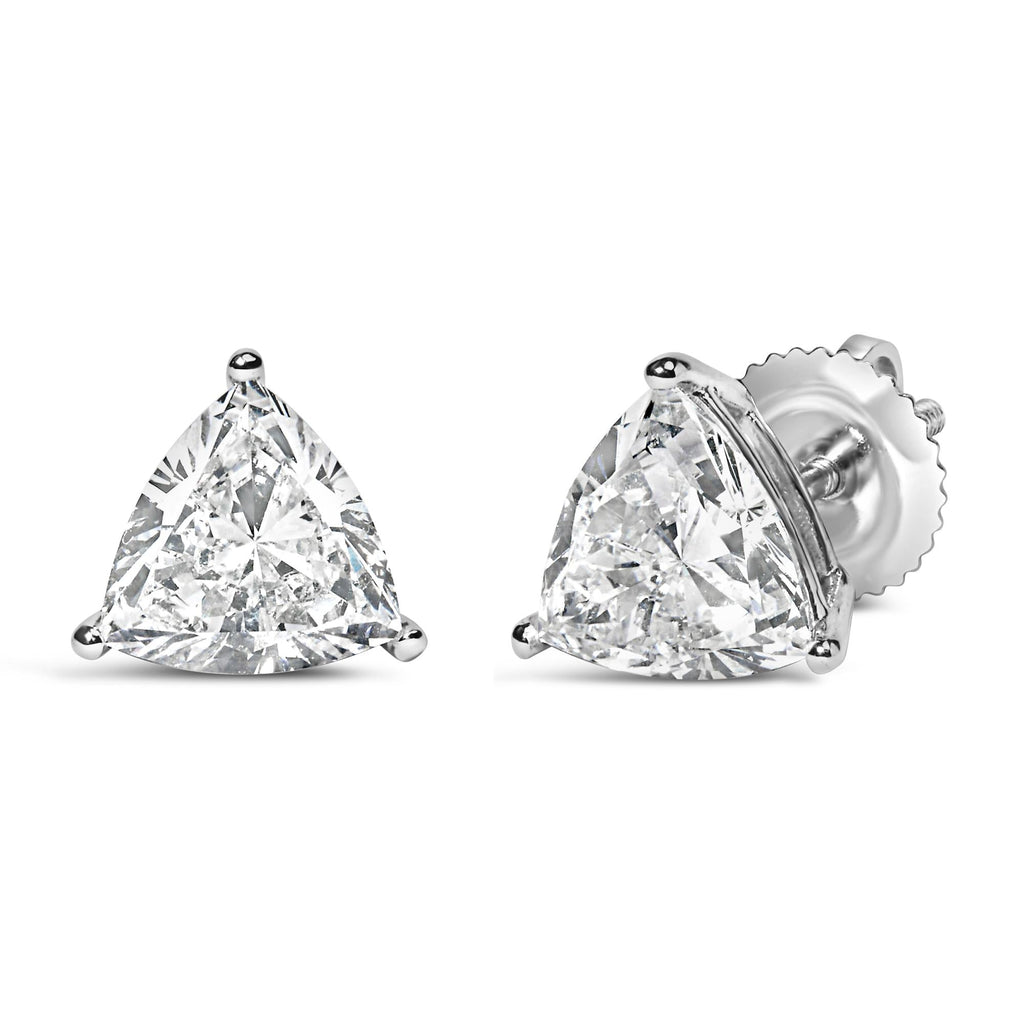 Aretes solitarios clásicos de oro blanco de 14 quilates con diamantes cultivados en laboratorio de talla trillón de 3 puntas (color FG, claridad VS1-VS2) - Friggin Jewelry