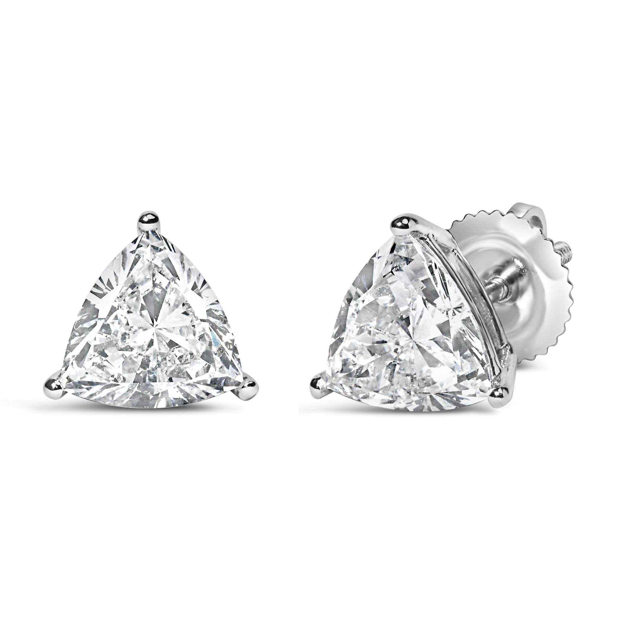 Aretes solitarios clásicos de oro blanco de 14 quilates con diamantes cultivados en laboratorio de talla trillón de 3 puntas (color FG, claridad VS1-VS2) - Friggin Jewelry