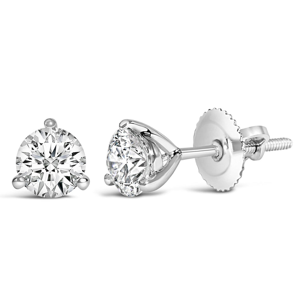 Aretes tipo botón de oro blanco de 14 quilates con tres puntas y diamantes cultivados en laboratorio de talla redonda brillante (color FG, claridad VS1-VS2) - Friggin Jewelry