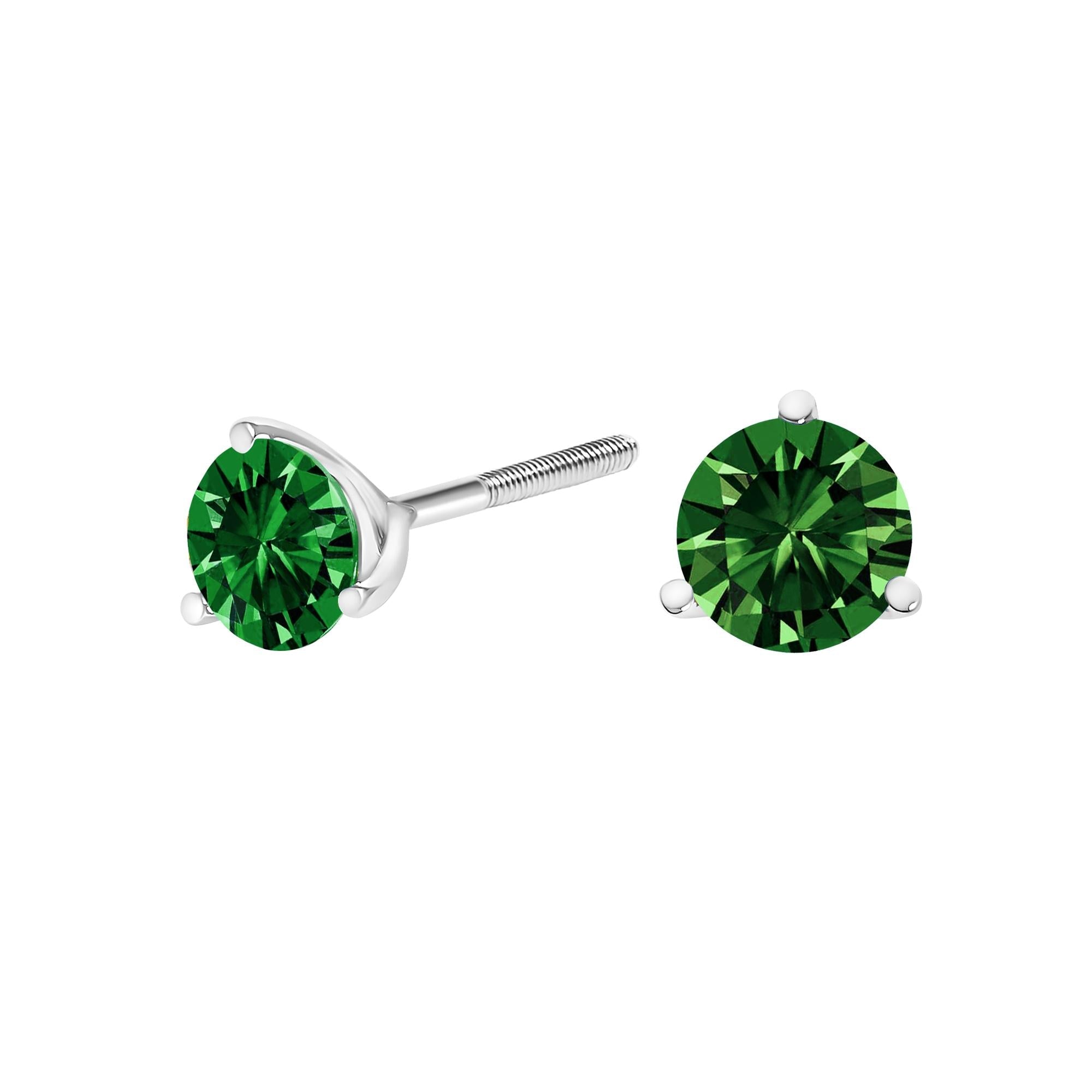 Aretes tipo botón de oro blanco de 14 quilates con solitario de 1 1/2 quilates y 3 puntas engastadas en forma de martini, brillantes, de talla redonda, cultivados en laboratorio (color verde, claridad VS2-SI1) - Friggin Jewelry