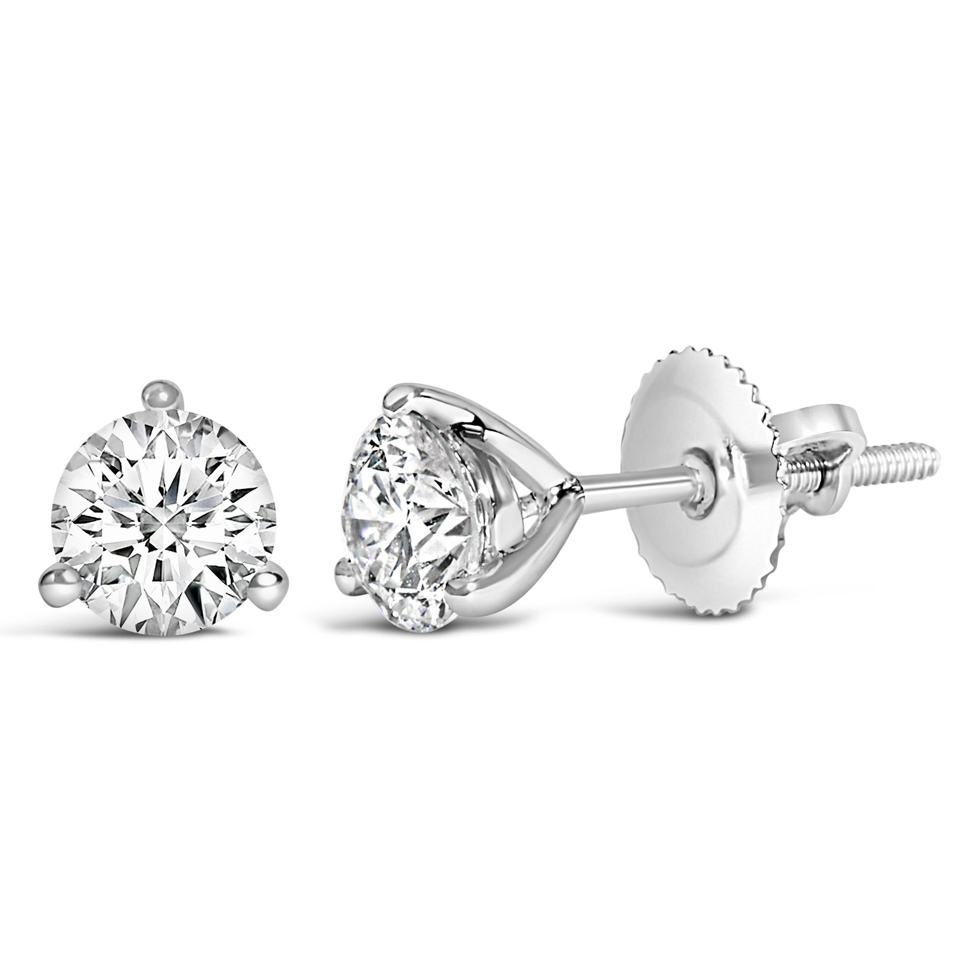 Aretes tipo botón de oro blanco de 14 quilates con tres puntas y diamantes cultivados en laboratorio de talla redonda brillante (color FG, claridad VS1-VS2) - Friggin Jewelry