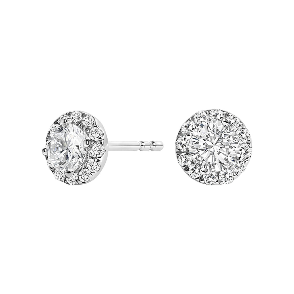 Aretes de oro blanco de 14 quilates con halo de diamantes cultivados en laboratorio de 1/2 quilates (color FG, claridad VS1-VS2) - Friggin Jewelry