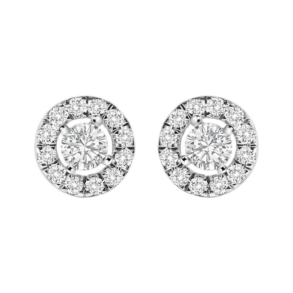 Aretes de oro blanco de 14 quilates con halo flotante de diamantes cultivados en laboratorio de 3/4 quilates (color FG, claridad VS1-VS2) - Friggin Jewelry