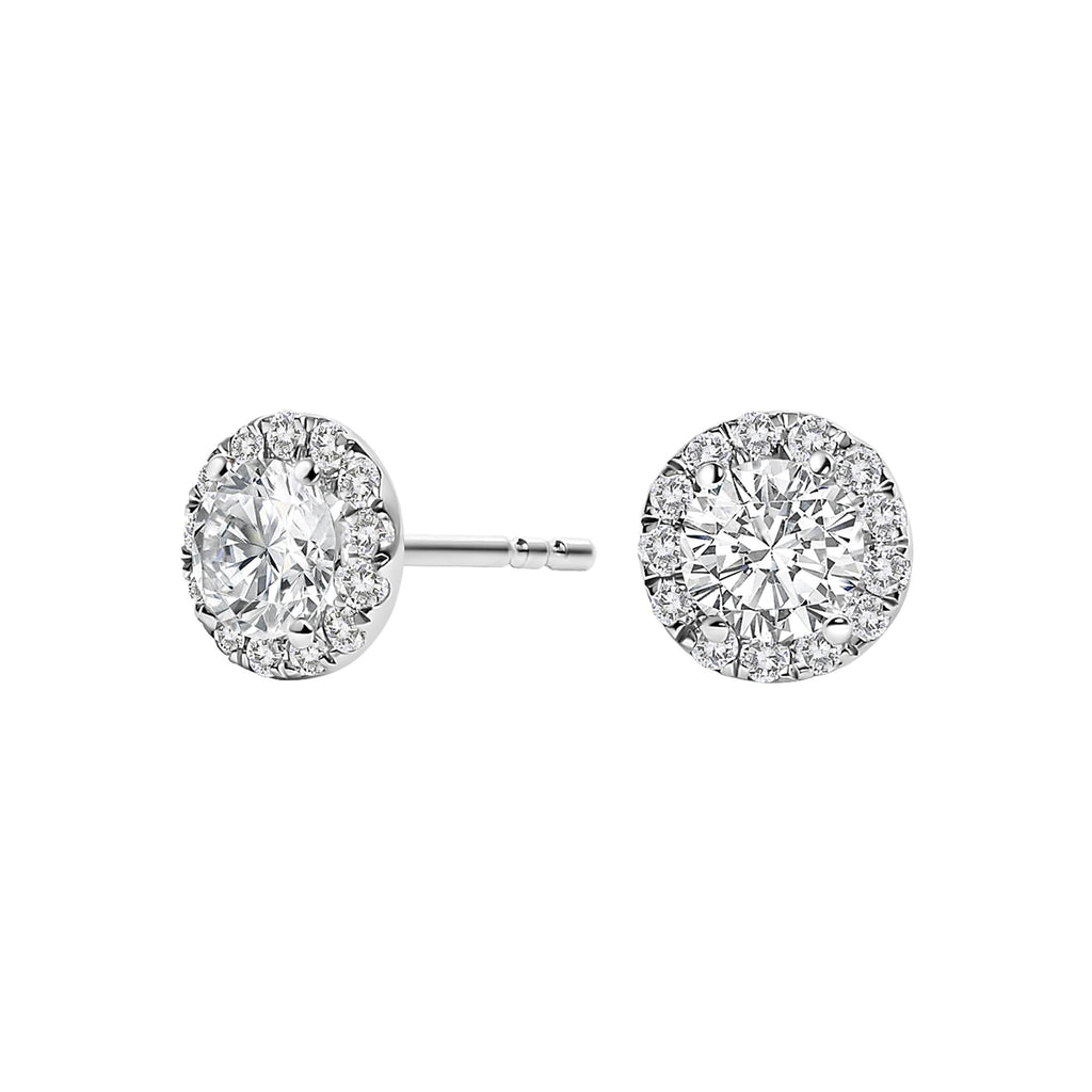 Aretes de oro blanco de 14 quilates con halo de diamantes cultivados en laboratorio de 1,0 quilates (color FG, claridad VS1-VS2) - Friggin Jewelry