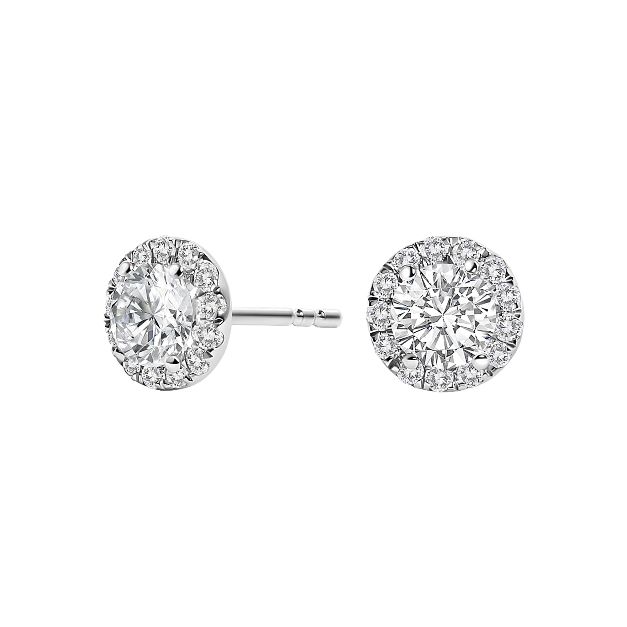 Aretes de oro blanco de 14 quilates con halo de diamantes cultivados en laboratorio de 1,0 quilates (color FG, claridad VS1-VS2) - Friggin Jewelry