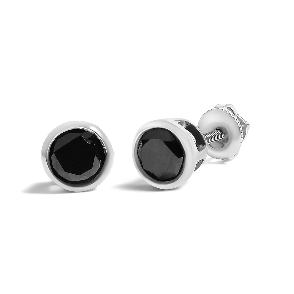 Aretes de plata de ley 925 con diamantes negros redondos de talla brillante, engastados en bisel y cierre de rosca (color elegante, claridad I2-I3) - Friggin Jewelry