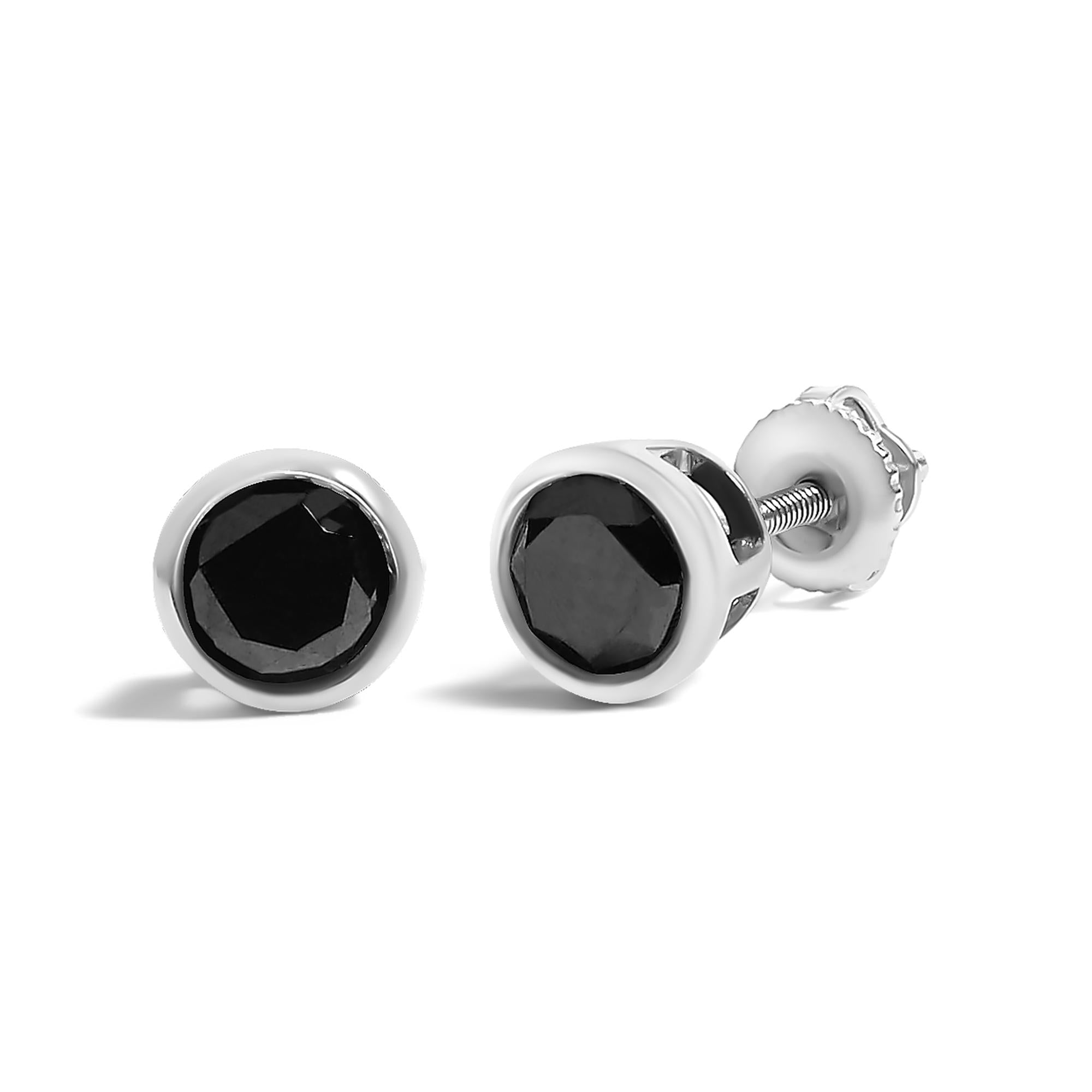 Aretes de plata de ley 925 con diamantes negros redondos de talla brillante, engastados en bisel y cierre de rosca (color elegante, claridad I2-I3) - Friggin Jewelry