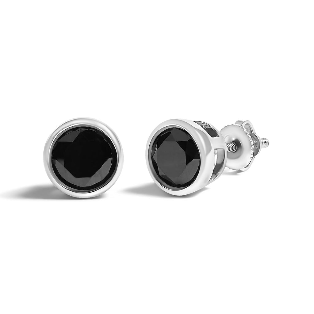 Aretes de plata de ley 925 con diamantes negros redondos de talla brillante, engastados en bisel y cierre de rosca (color elegante, claridad I2-I3) - Friggin Jewelry