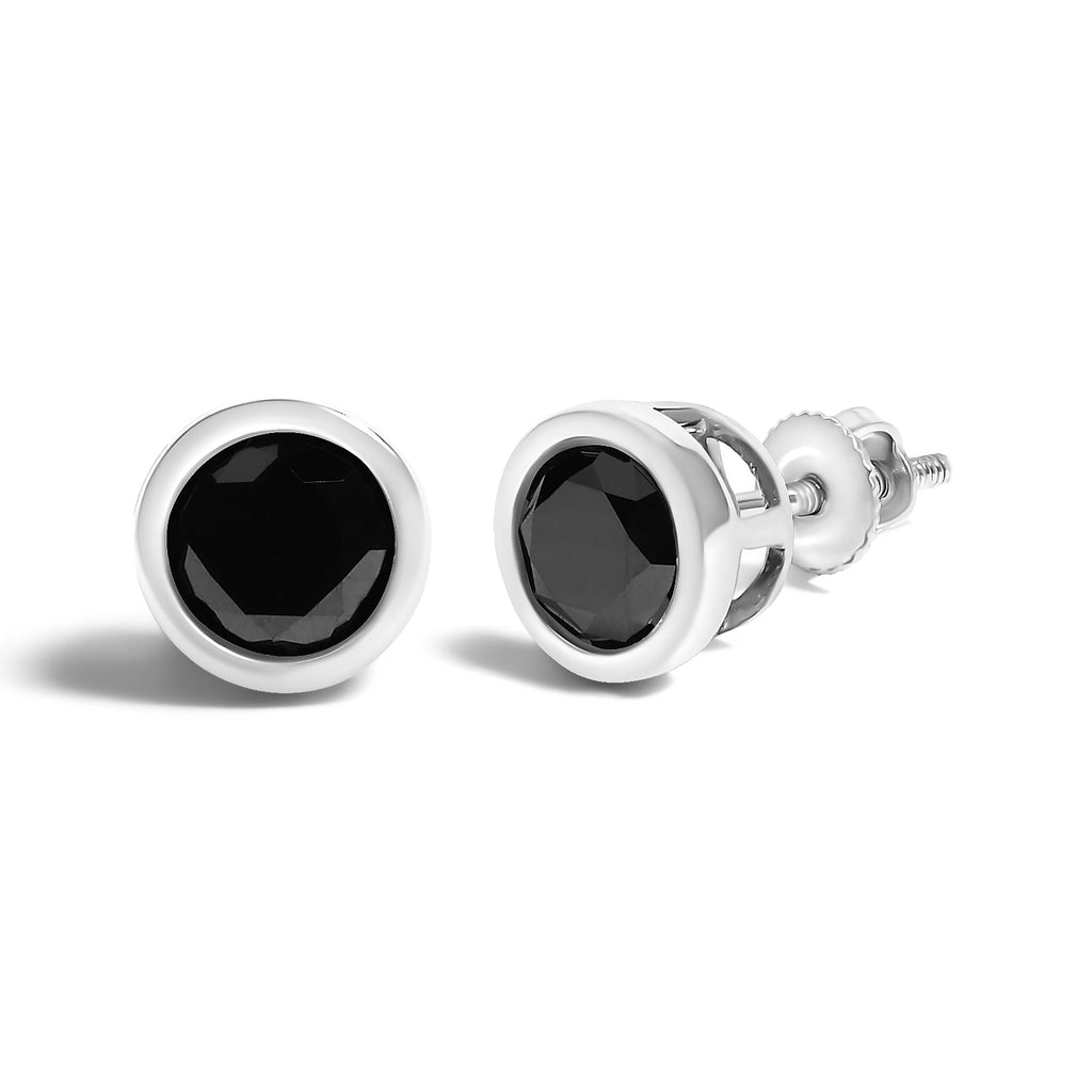 Aretes de plata de ley 925 con diamantes negros redondos de talla brillante, engastados en bisel y cierre de rosca (color elegante, claridad I2-I3) - Friggin Jewelry