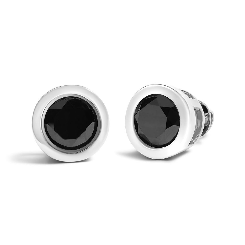 Aretes de plata de ley 925 con diamantes negros redondos de talla brillante, engastados en bisel y cierre de rosca (color elegante, claridad I2-I3) - Friggin Jewelry