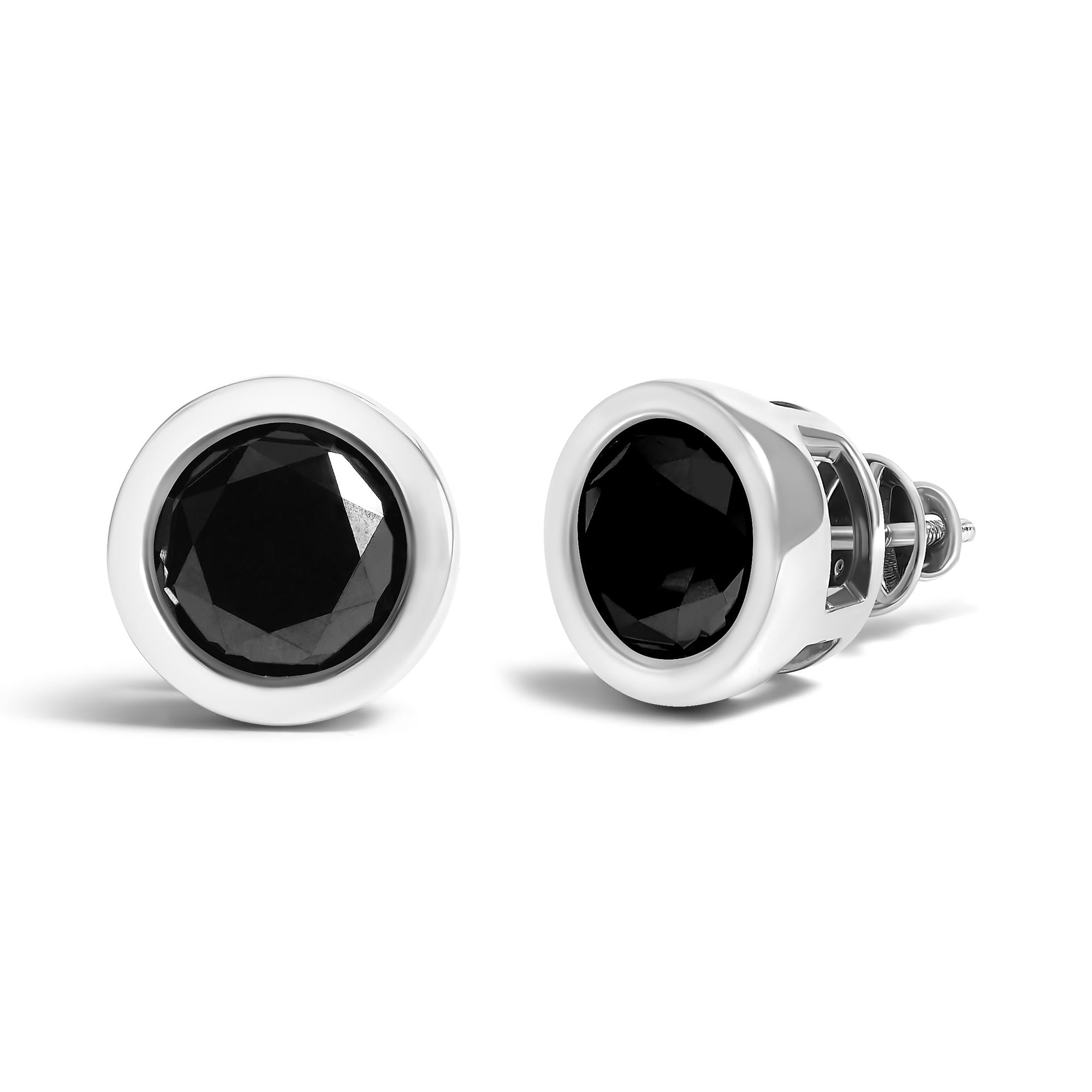 Aretes de plata de ley 925 con diamantes negros redondos de talla brillante, engastados en bisel y cierre de rosca (color elegante, claridad I2-I3) - Friggin Jewelry