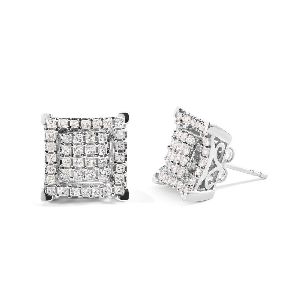 Aretes de oro blanco de 10 quilates con diamantes princesa de 1 1/4 ct y doble cuadrado con halo (color IJ, claridad I1-I2) - Friggin Jewelry