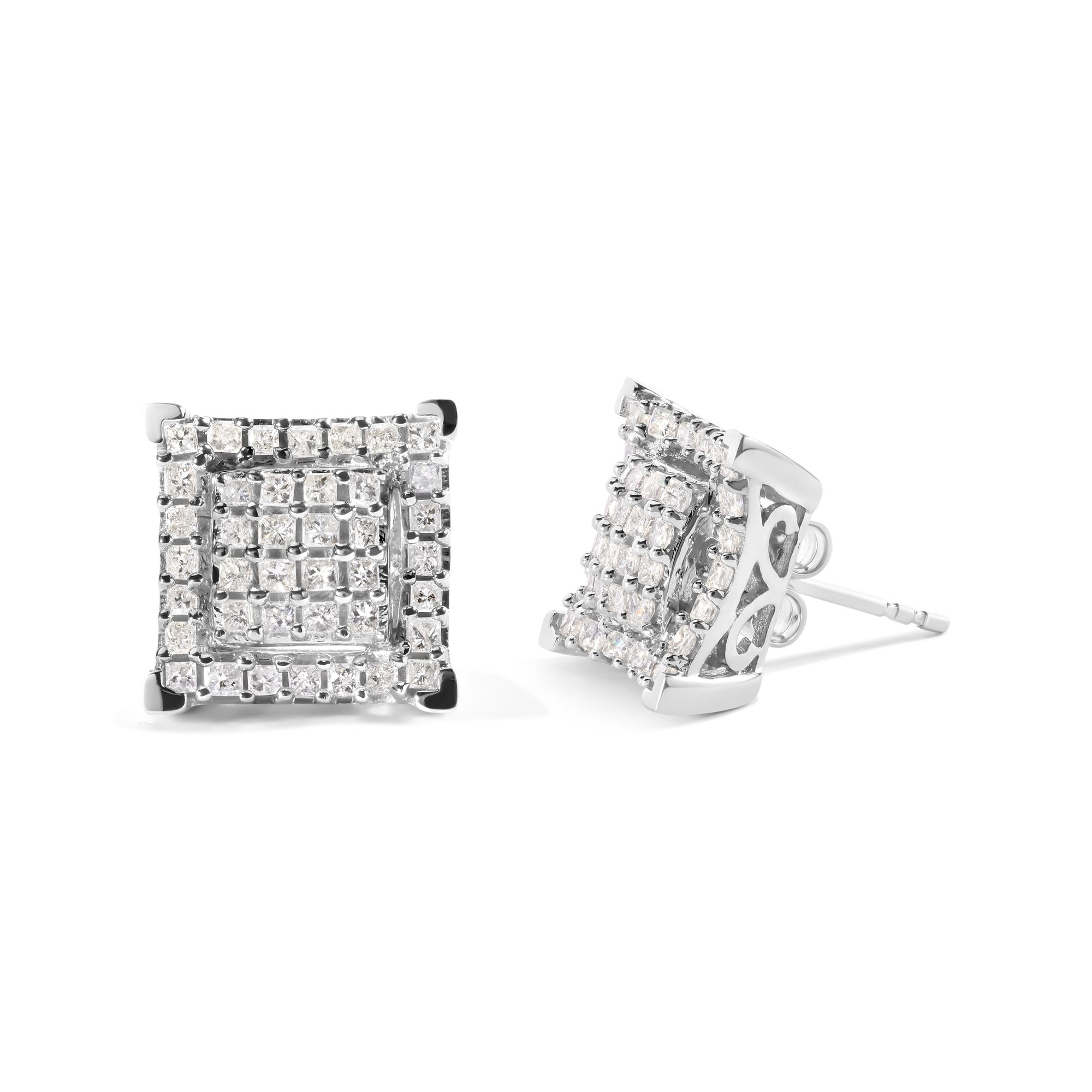 Aretes de oro blanco de 10 quilates con diamantes princesa de 1 1/4 ct y doble cuadrado con halo (color IJ, claridad I1-I2) - Friggin Jewelry