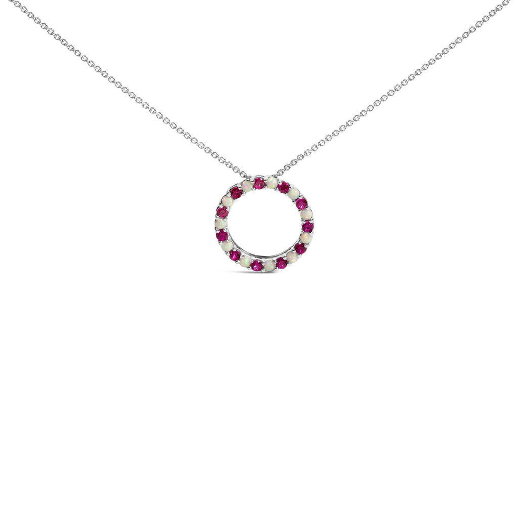 Collar con colgante circular de rubí rojo y ópalo creados alternados en plata de ley 925 - Friggin Jewelry