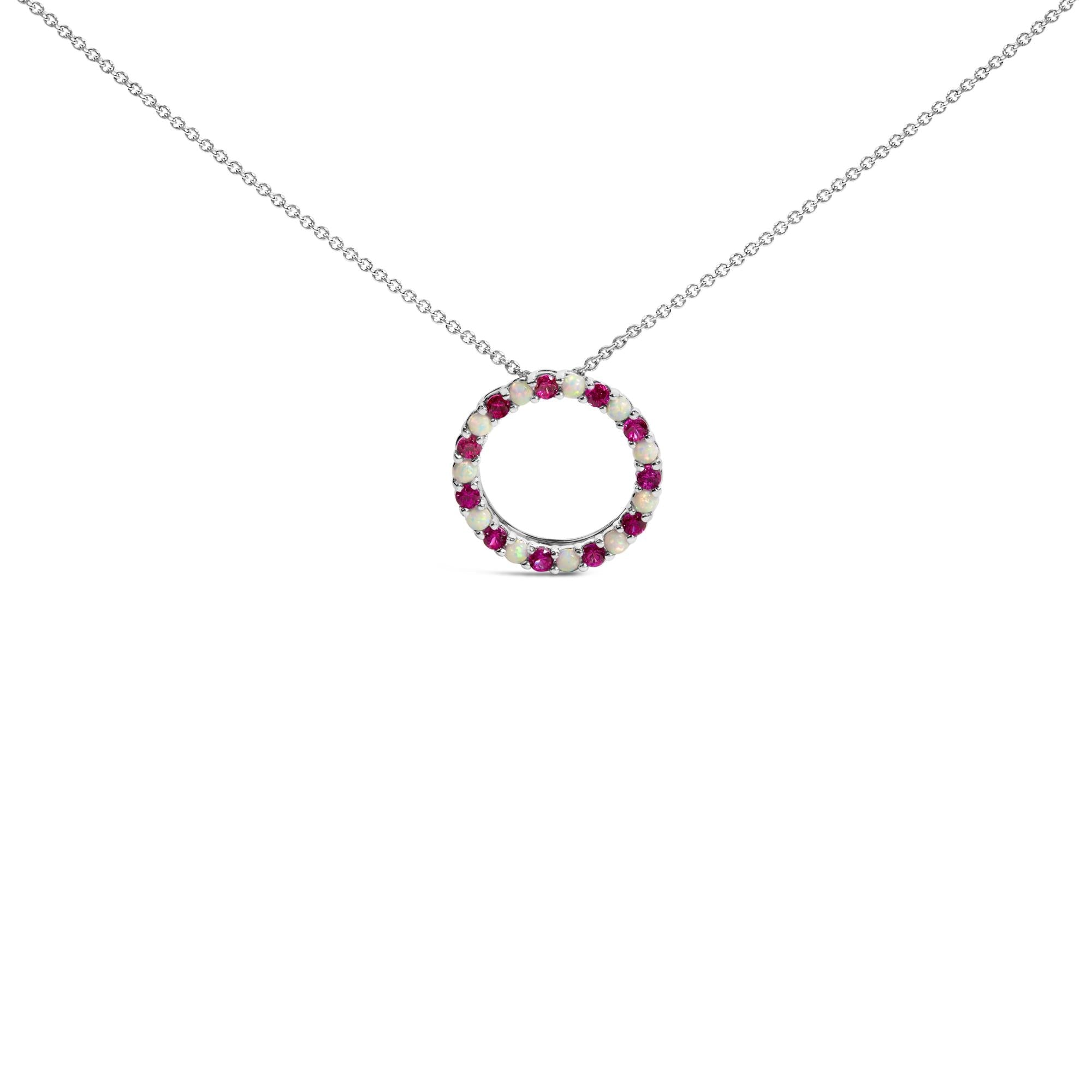 Collar con colgante circular de rubí rojo y ópalo creados alternados en plata de ley 925 - Friggin Jewelry
