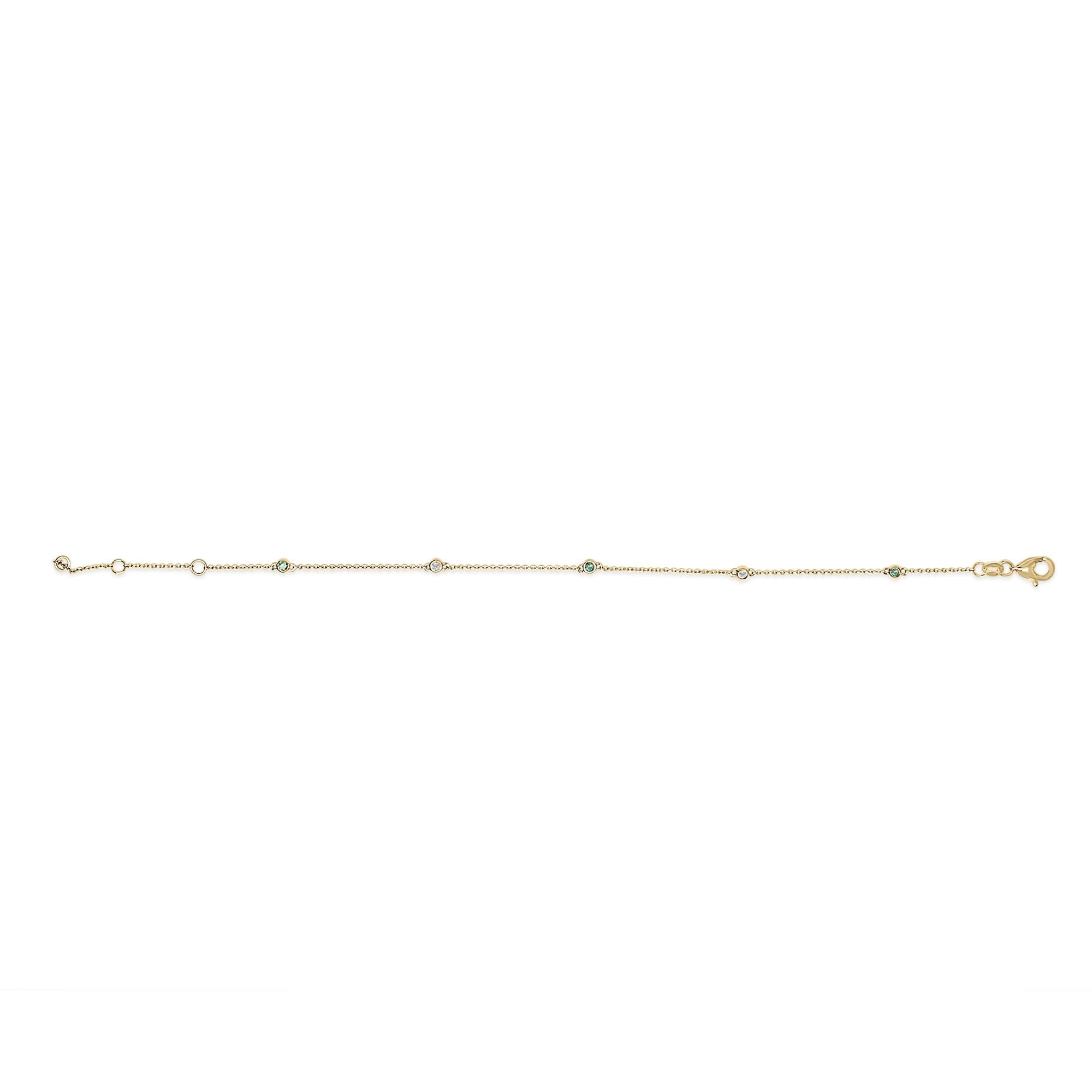 14K Yellow Gold Alternating Green Emerald and Diamond Bezel Station Chain Bracelet - Size 7.5 inch - Friggin Jewelry