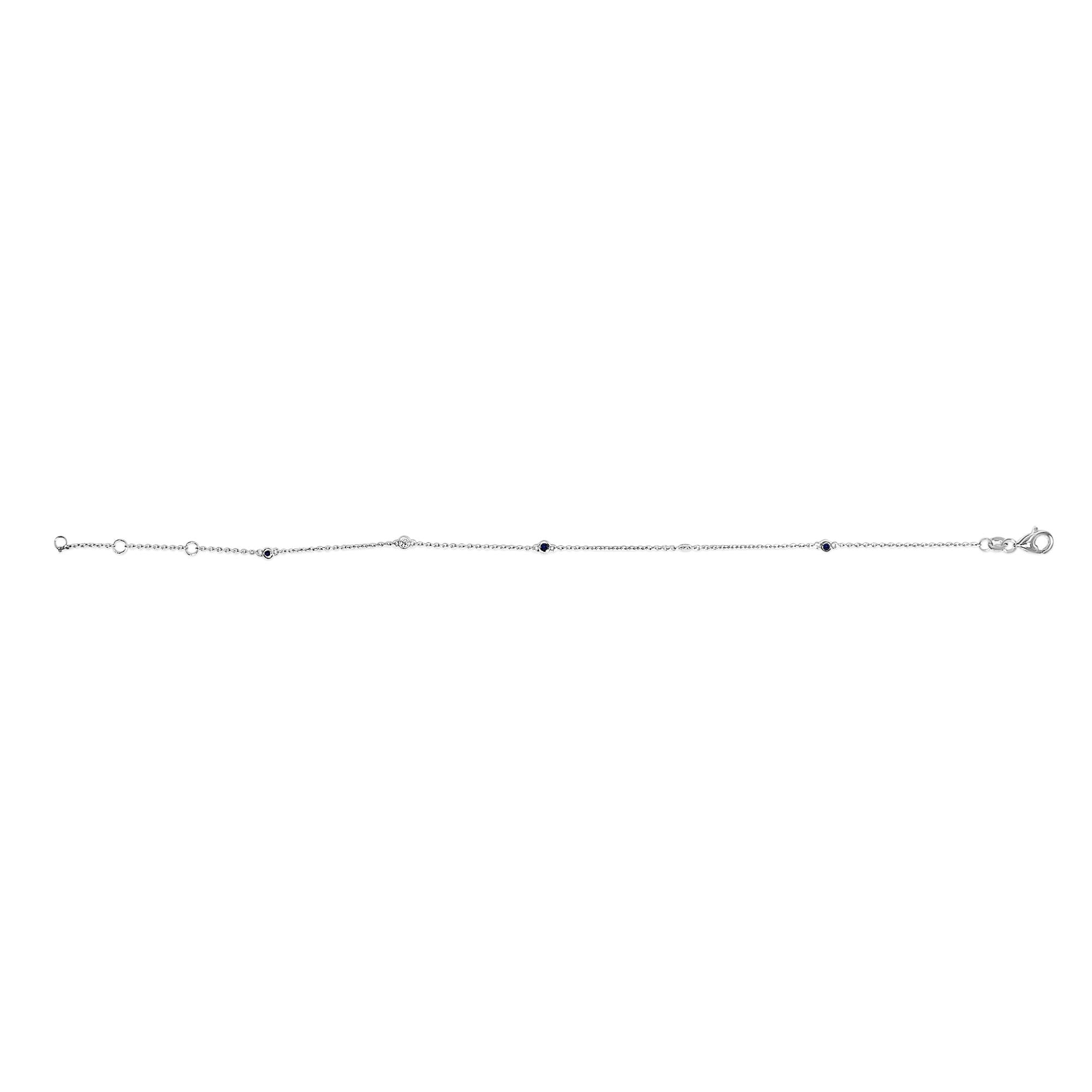 14K White Gold Alternating Blue Sapphire and Diamond Bezel Station Chain Bracelet - Size 7.5 inch - Friggin Jewelry