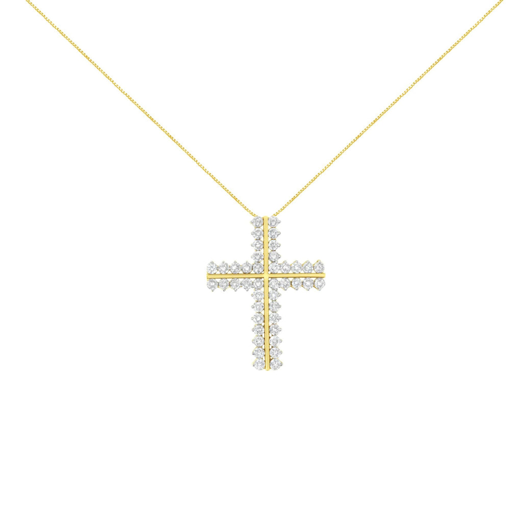 10K Yellow Gold 4.0 Cttw Diamond Two Row Cross 18" Pendant Necklace (J-K Clarity, I1-I2 Color) - Friggin Jewelry