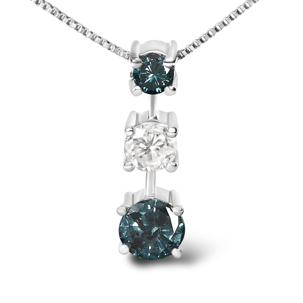 14K White Gold 1 1/2 Cttw Treated Blue and White Diamond 3-Stone 18" Pendant Necklace (Blue/H-I Color, I1-I2 Clarity) - Friggin Jewelry Premium