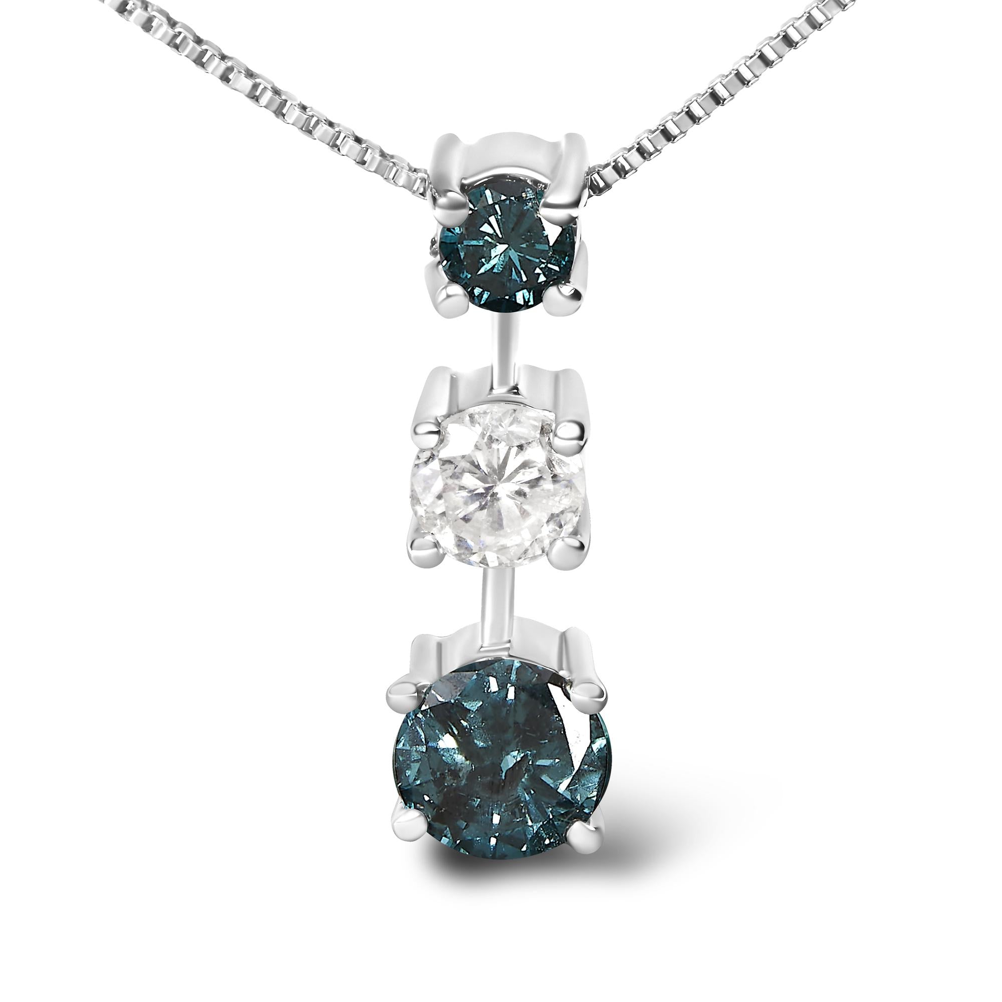 14K White Gold 1 1/2 Cttw Treated Blue and White Diamond 3-Stone 18" Pendant Necklace (Blue/H-I Color, I1-I2 Clarity) - Friggin Jewelry Premium