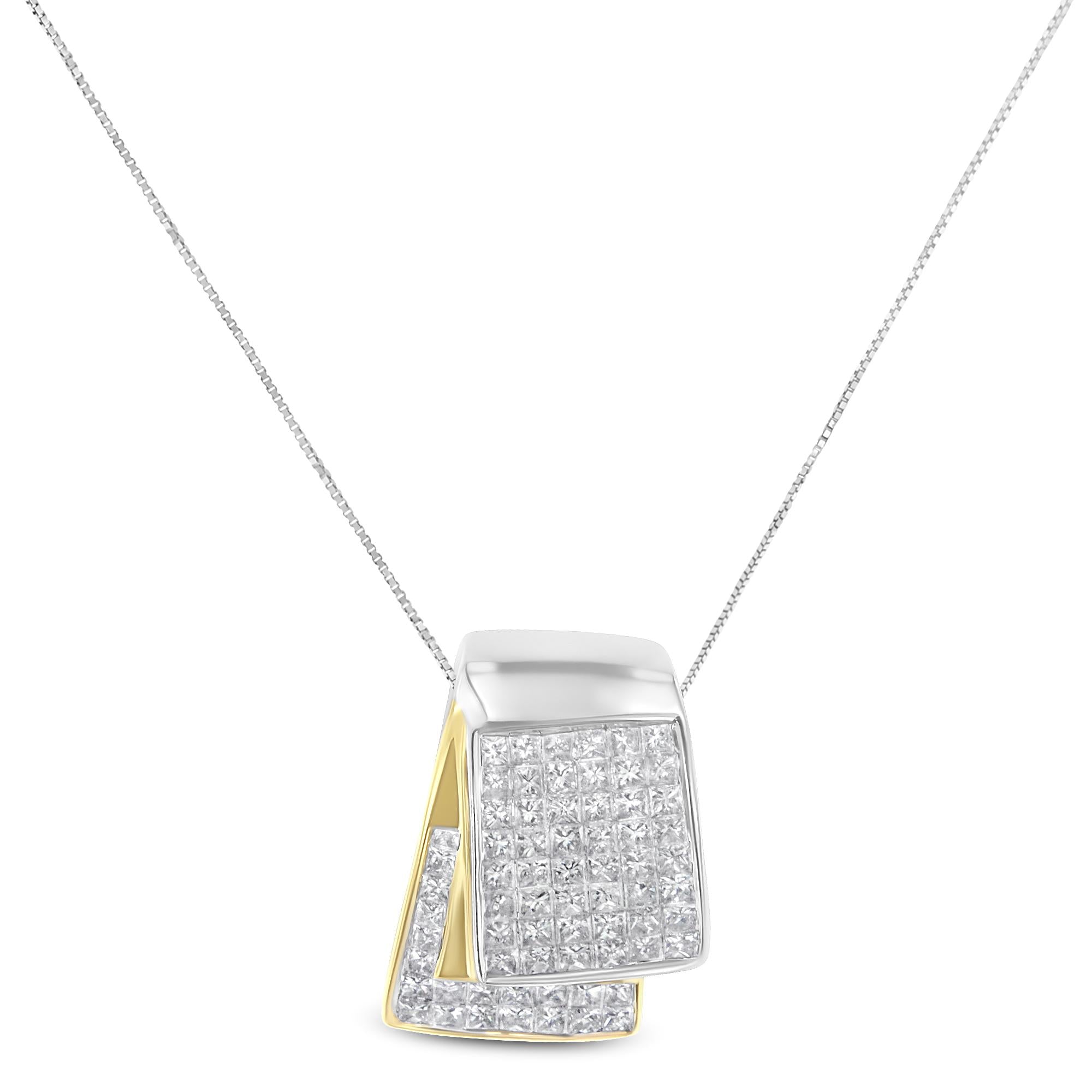 14K White and Yellow Gold 2.0 Cttw Princess Cut Diamond Two Tone Foldover Box Pendant 18” Box Chain Necklace (H-I Color, SI1-SI2 Clarity) - Friggin Jewelry