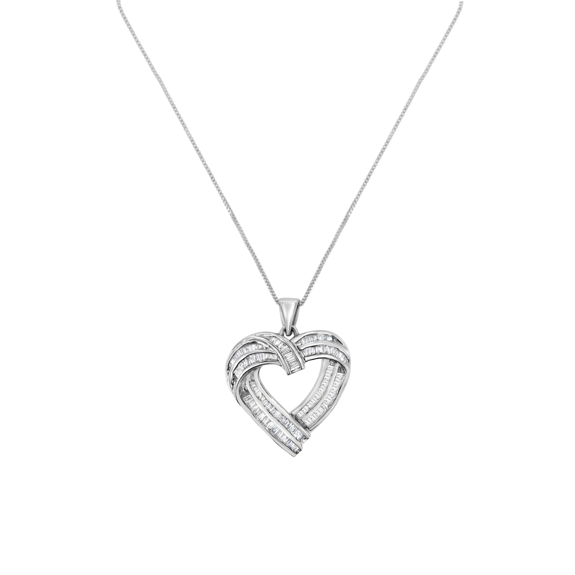 Sterling Silver 7/8 cttw Baguette Diamond Heart Pendant Necklace (I-J, I2-I3) - Friggin Jewelry